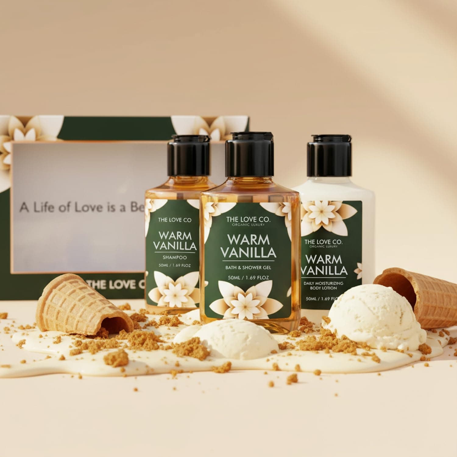 THE LOVE CO. Warm Vanilla Bath & Body Gift Set Pack Of 3 | Body Wash | Body Lotion | Shampoo | Long-Lasting Warm Vanilla Fragrance | Gift Set For Women | Gifting For Birthday, Valentine's, Anniversary, Rakhi & Special Occasions| Premium Gift Packaging