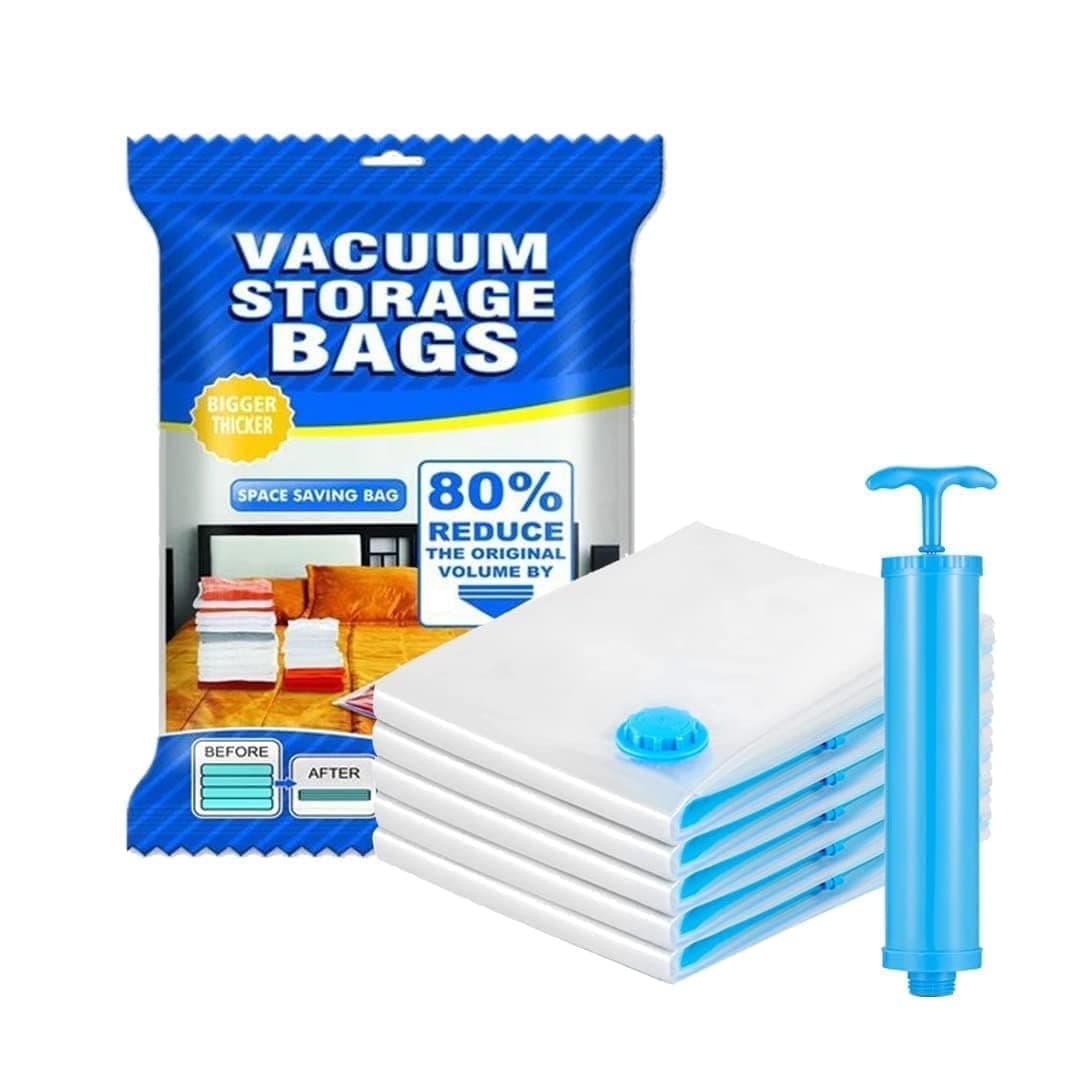 DOSJNI Vacuum Storage Bags for Clothes with Hand Pump, Pack of 5 (1 Jumbo, 2 Large, 2 Medium), Airtight Reusable Compression Bags, Space Saver for Travel, Blankets, Bedding, Comforters & Winter Wear