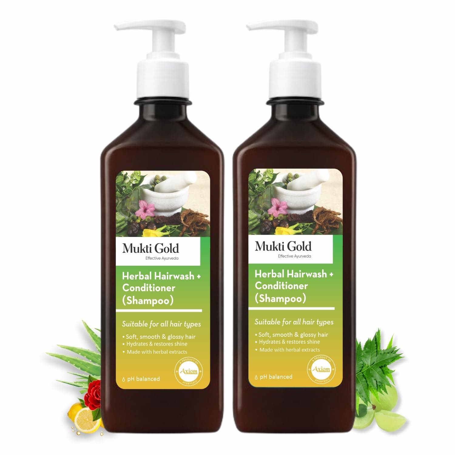 Axiom Mukti Gold Herbal Hairwash + Conditioner | Blend of 15+ Ayurvedic Herbs | For Nourishing Hair, Repairs Dry, Damaged Hair | Paraben & Sulphate Free | For all Hair Types, 400mL (Pack of 2)