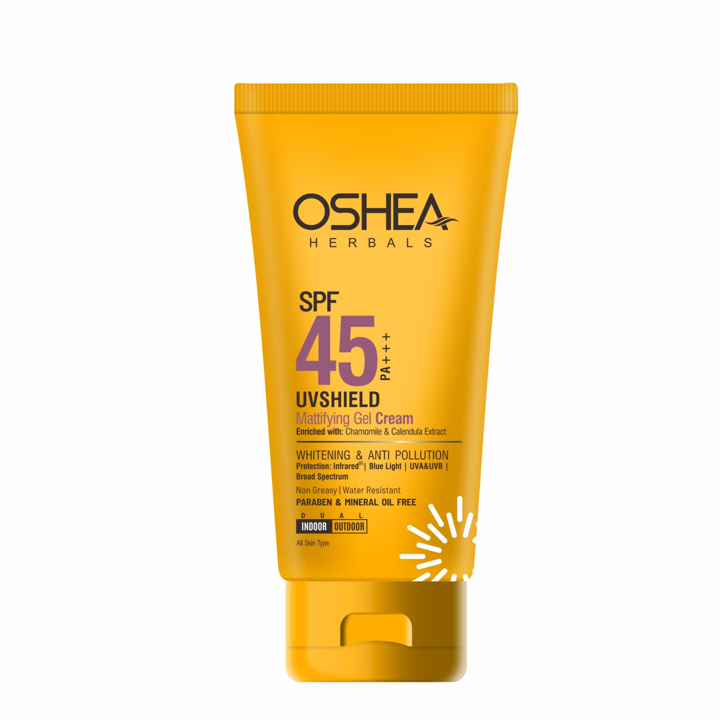 Oshea Herbals UVShield Mattifying Gel Sunscreen SPF 45 PA+++ for Men & Women | Non-Greasy & Water-Resistant with UVA & UVB Protection | Enriched with Chamomile Extract - 60g