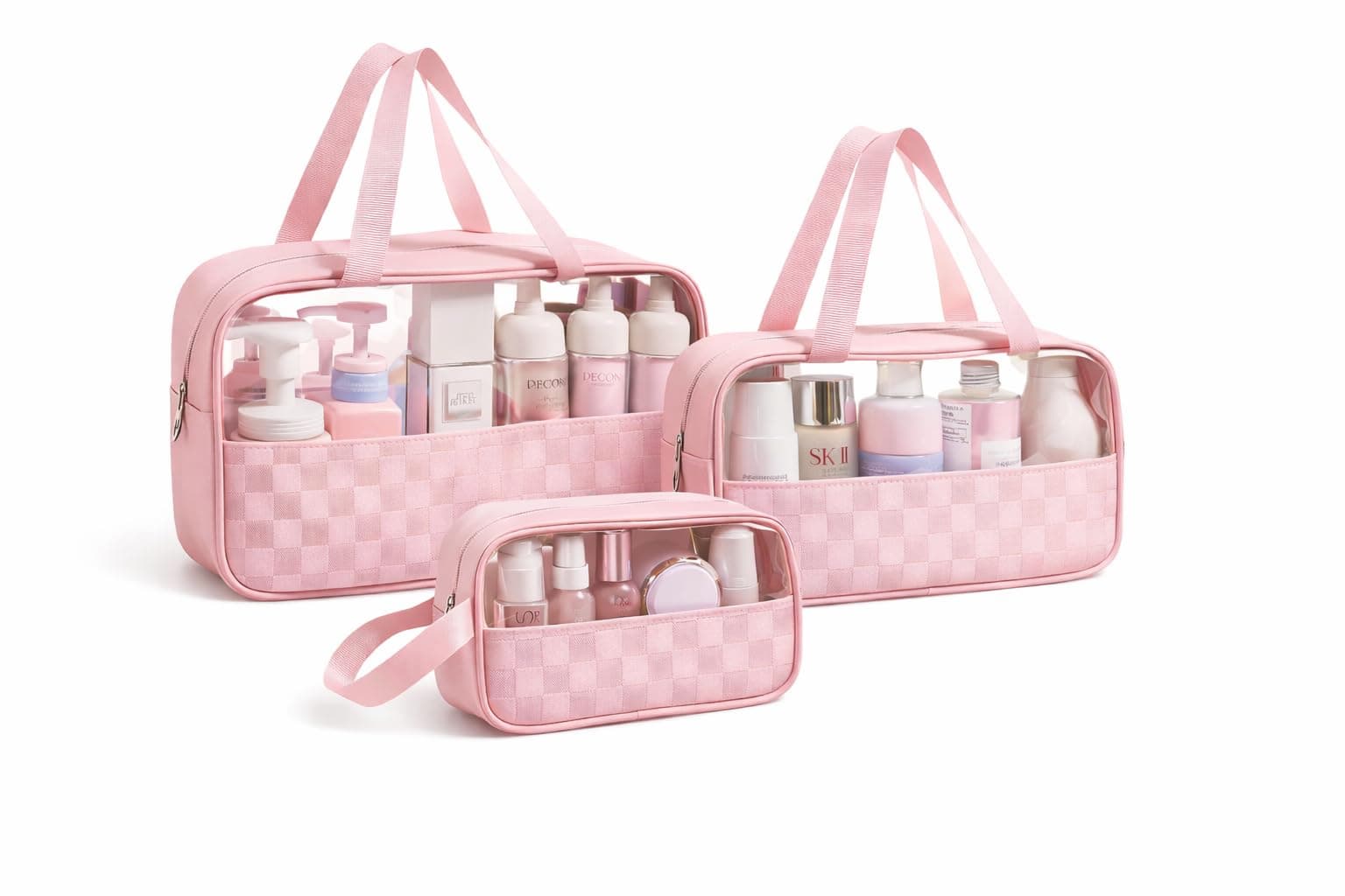 Premium Makeup Bag Set of 3 for Women | Clear PVC Checkered Travel Cosmetic & Toiletry Organizer with Handle | Large Capacity Waterproof Storage Pouches (Light Pink)