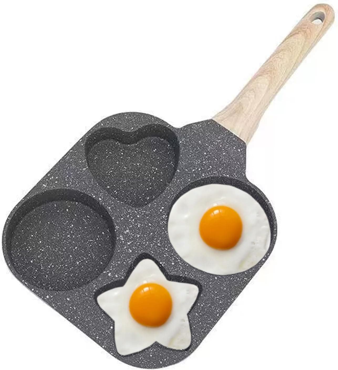 Winkelen 4 Cavity Egg Pan Non Stick, Pancake Maker, 4-Cup Egg Frying Pan with Wooden Handle Star & Heart Granite Mini Egg Cooking Pan for Breakfast, Pan Skillet Suitable for Gas Stove & Induction Top