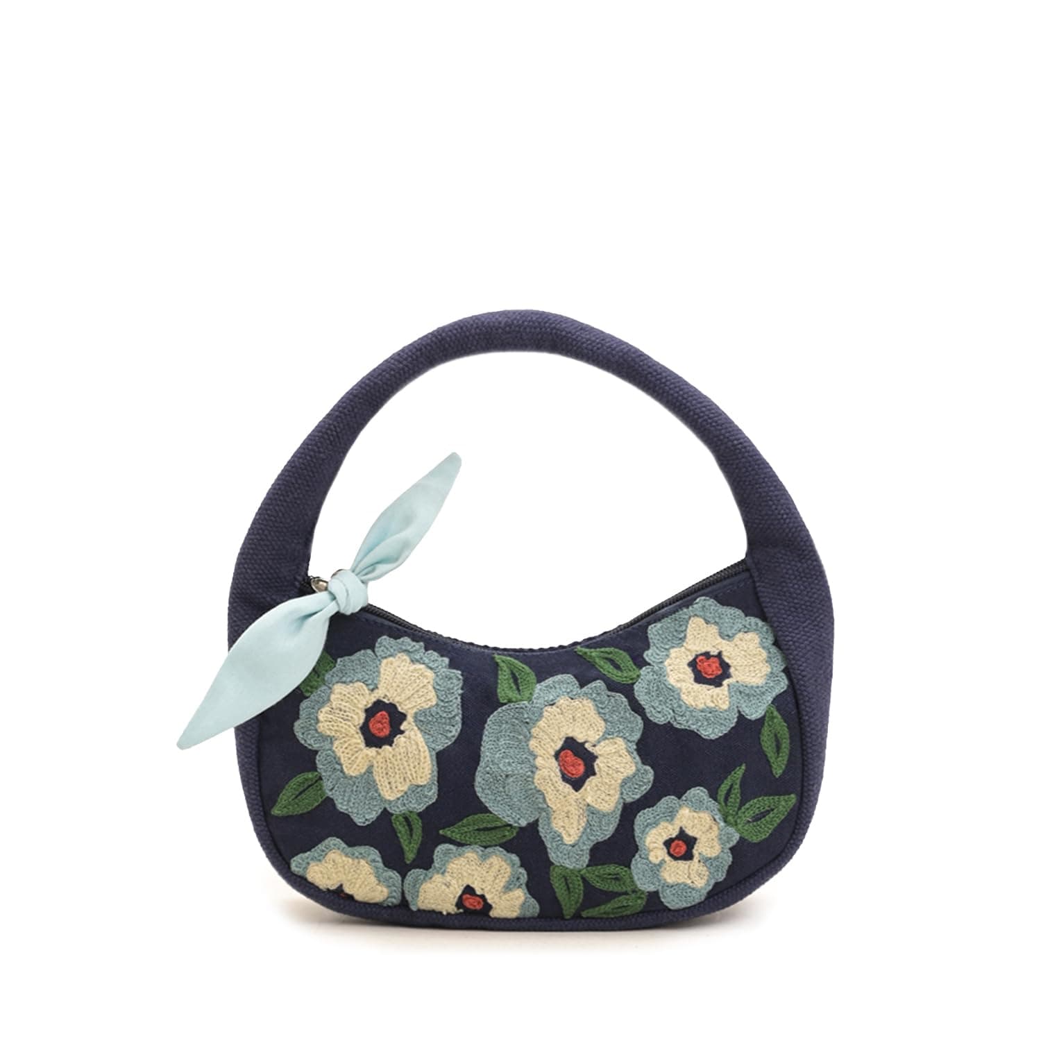Boho Girl Indigo Blossom Tote Bag – Navy Blue Floral Handbag for Women with Embroidered Flowers, Padded Handle & Ribbon Detail – Chic Shoulder Bag for Travel, Brunch