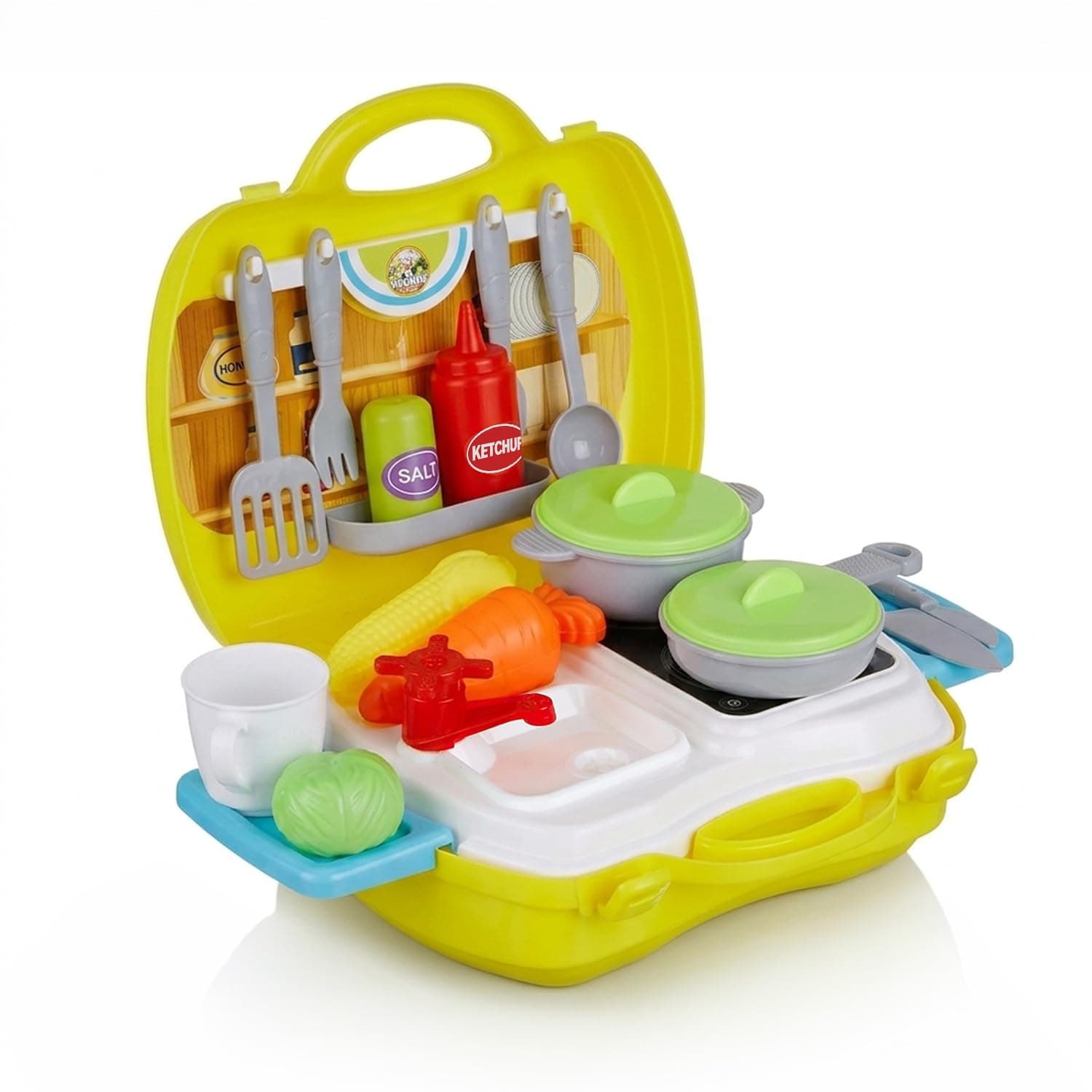 Amazon Brand - Jam & Honey Suitcase Kitchen Set Toy for Kids 2+ Years, BIS Certified Safe for Kids, Portable Pretend Play Cooking Set with Accessories, Role Play Toy for Girls & Boys, Multicolour