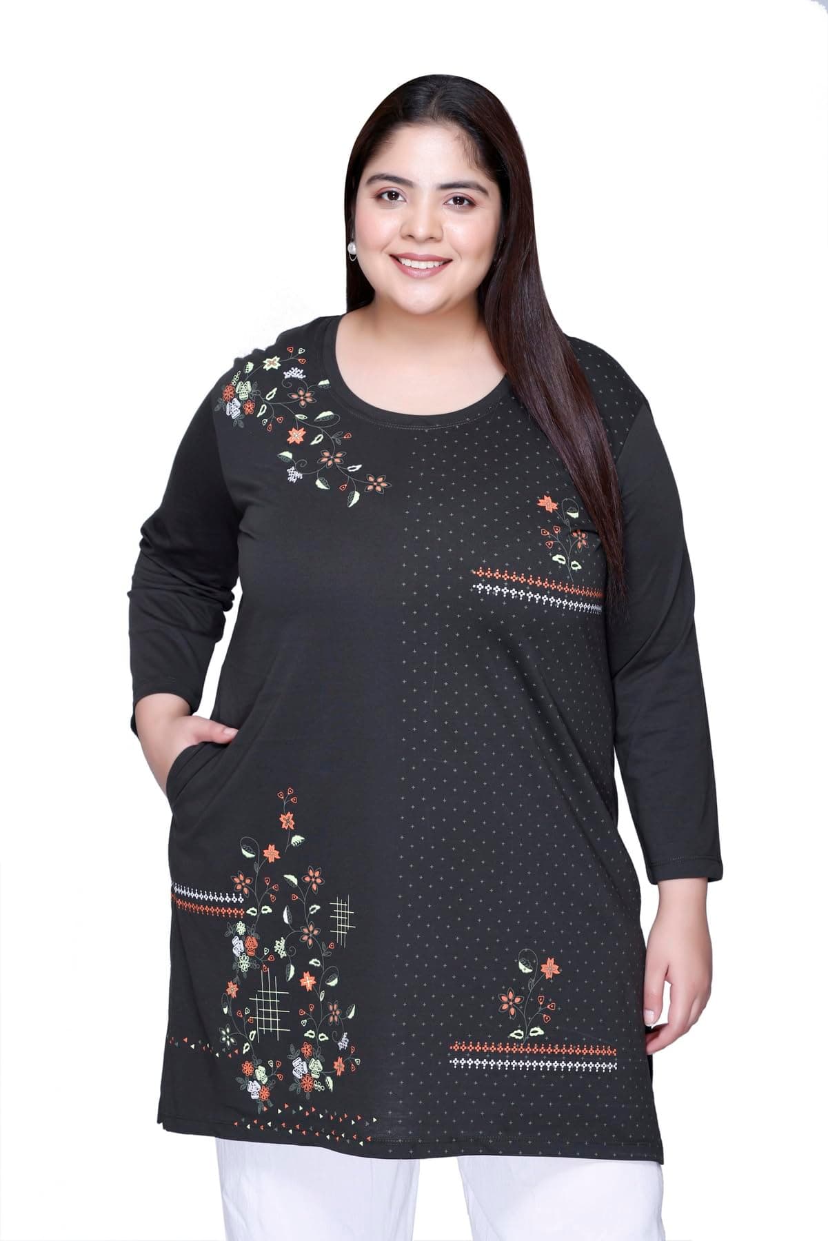 RYSH Women's Plus Size Printed Long Top | Round Neck | Full Sleeve | Relaxed Fit Casual Tunic | Olive | 5XL