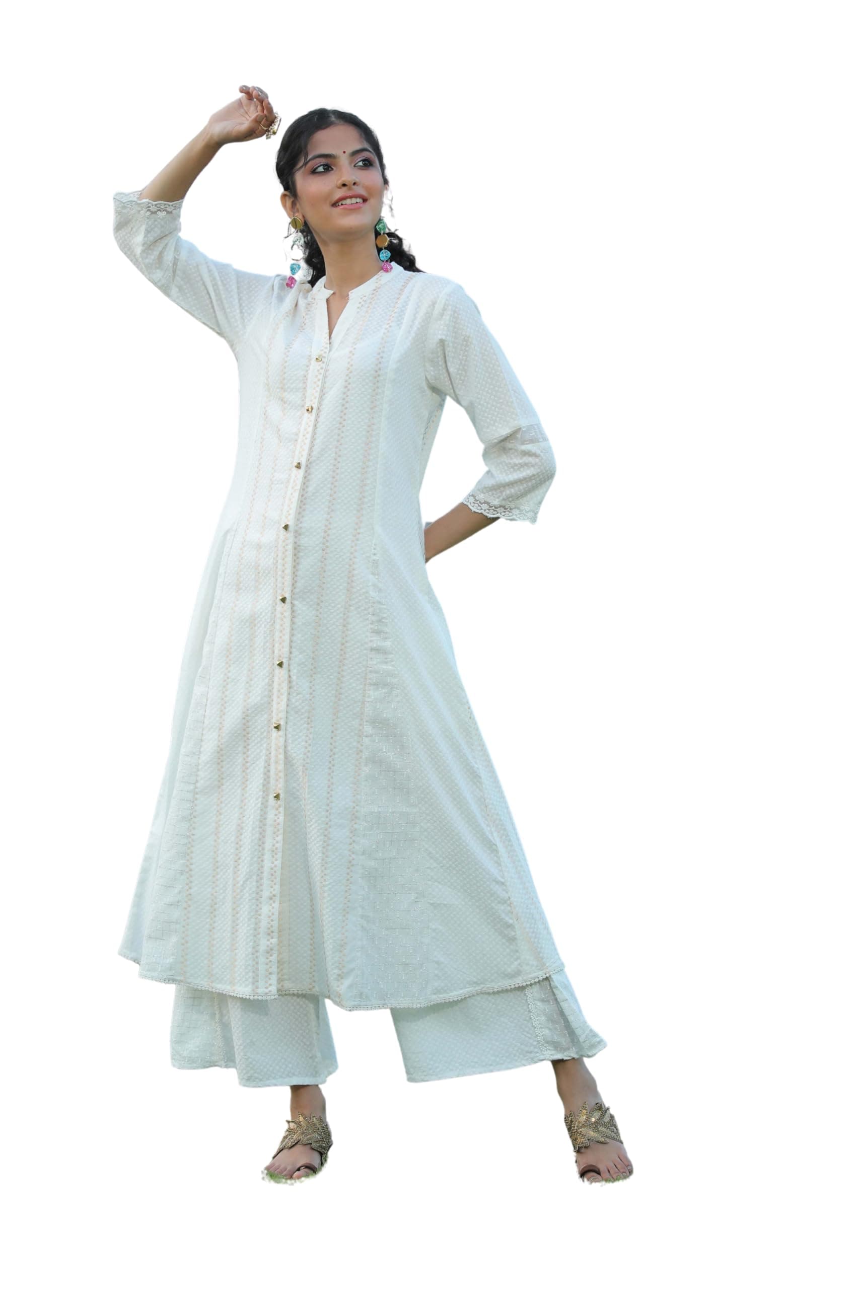 Juniper White Solid Cotton Dobby A-Line Kurta with Buttons for Women