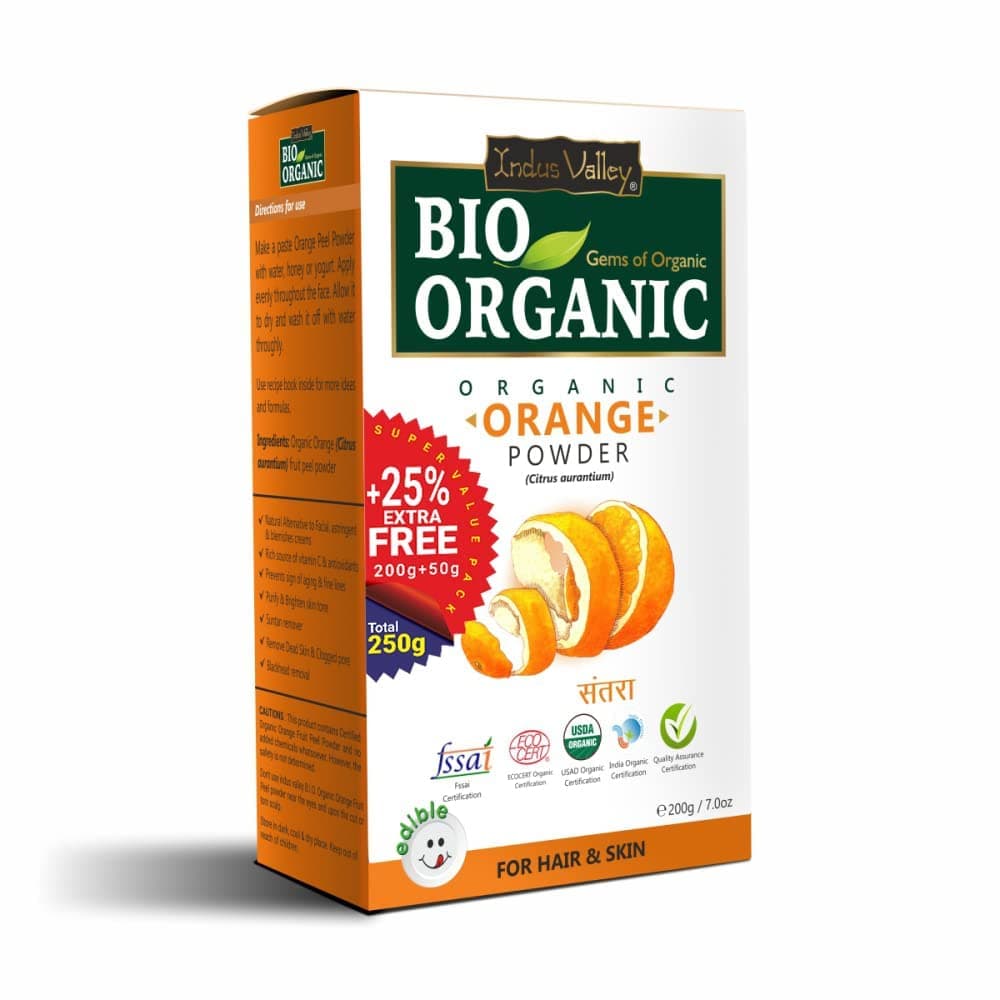 INDUS VALLEY Organic Edible Food Grade Orange Peel Powder Citrus aurantium for Oil Control and Best for Skin (200+50g)