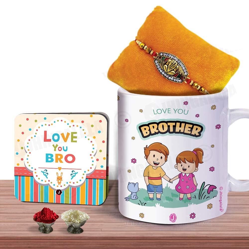 Jhingalala Lord Ganesha Pendant Designed Rakhi, Love You Brother Printed Ceramic Coffee Mug, Love You Bro Greeting Card, Roli Chawal Raksha Bandhan Pack