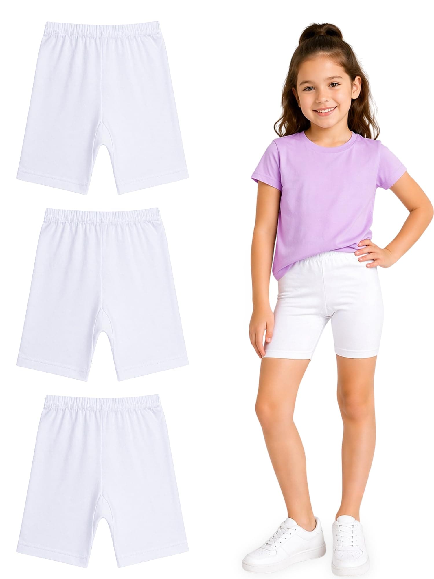 BODYCARE Girls Cycling Shorts | 100% Cotton Stylish, Comfortable & Durable Shorts for Girls | Pack of 3… (Color & Print May Vary) White