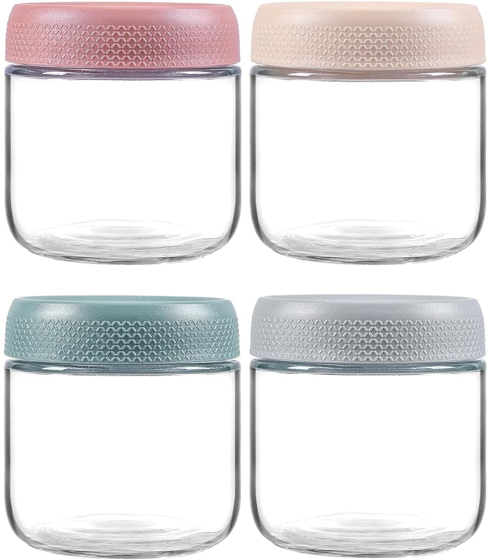 KITOME Glass Jars With Airtight Lids, Overnight Oats Containers With Lids, Wide Mouth Mason Salad Jars, Glass Food Storage Leak Proof Containers For Snacks Yogurt Spices(Set Of 4, Size 10Oz)Assorted