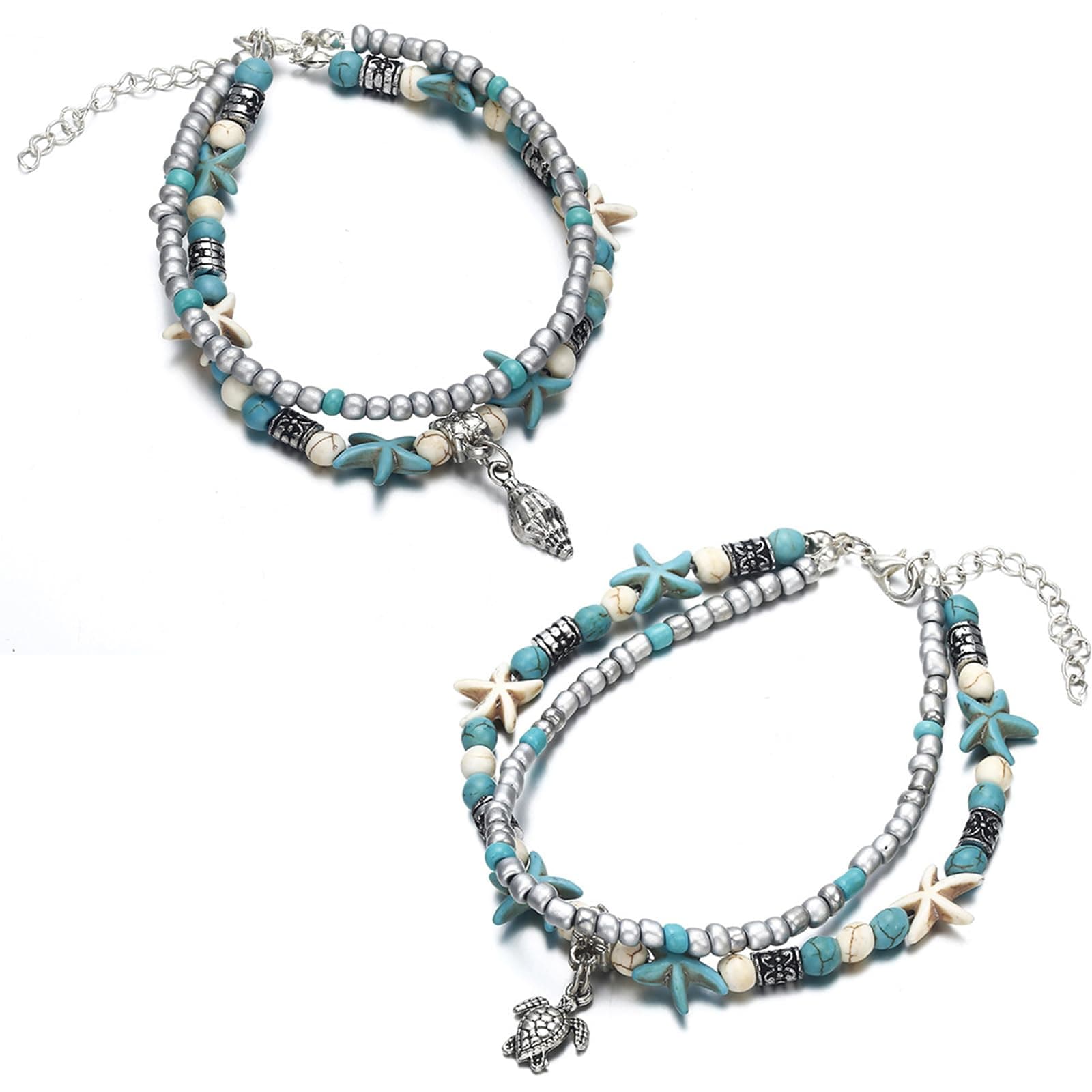Anklet for Women Stylish, 2-Pack Beach Ankle Bracelets with Turtle and Shell Charms, Adjustable Foot Chain Jewelry for Casual Wear
