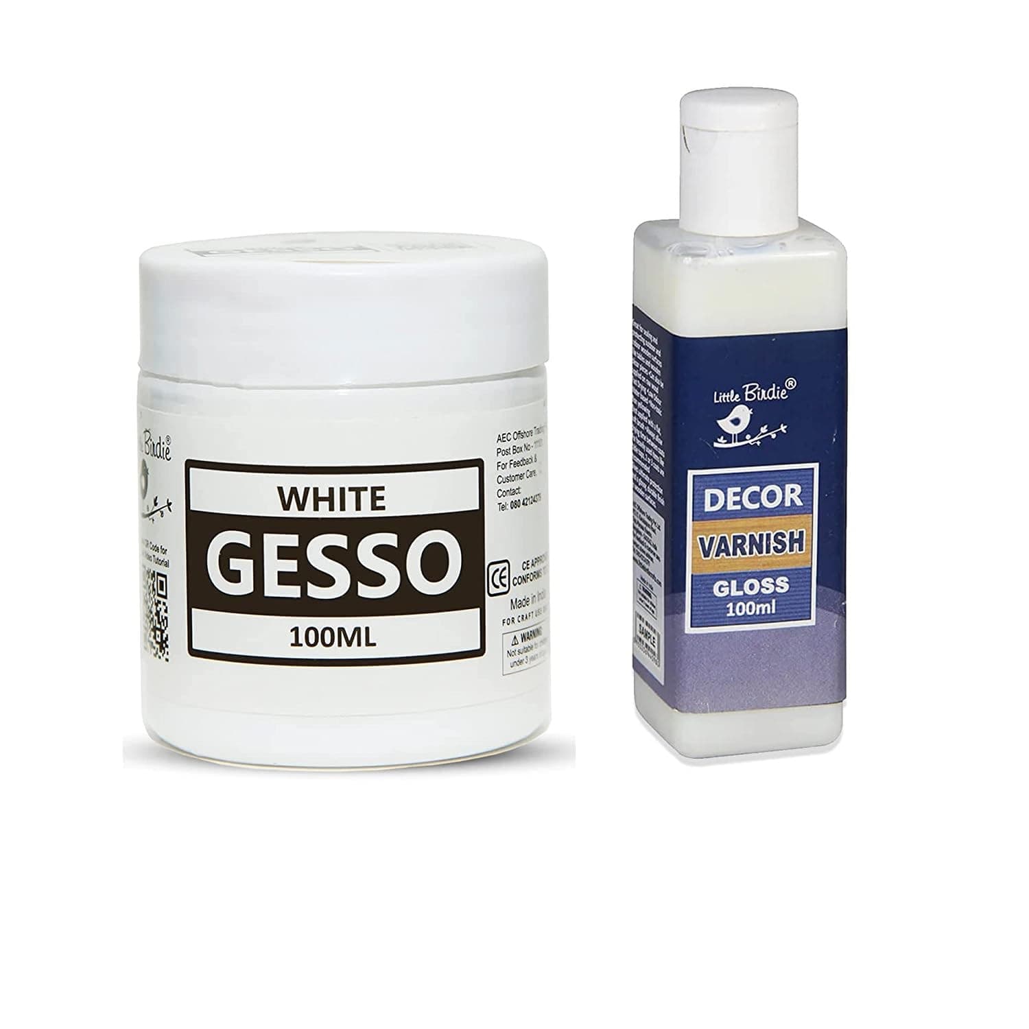 Little Birdie Acrylic Gesso White 100ml & Gloss Decor Varnish 100ml, Surface Primer for Canvas Wood MDF Craft Painting Art DIY Finish