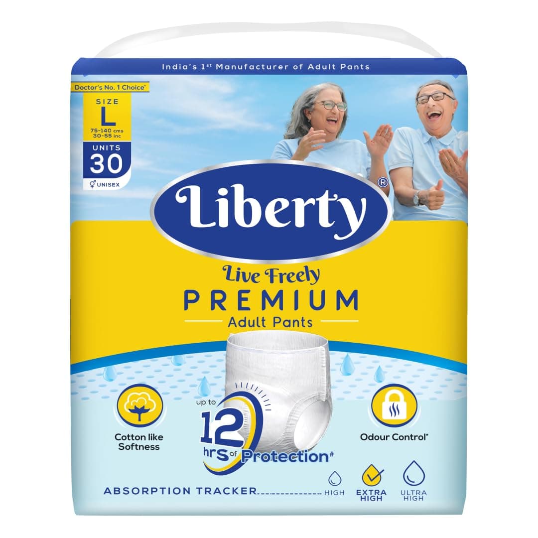 Liberty Premium Adult Diaper Pants, Large (L) 30 Count, Waist Size (75-140cm | 30-55 inches),Unisex, Leak Proof, Extra Elastics, High Absorbency, 12 Hrs protection, Pack of 1