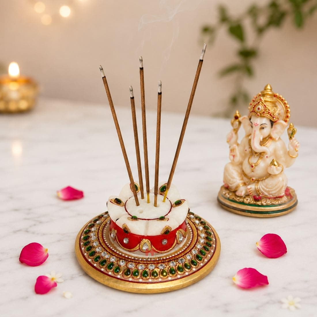 Handicrafts Paradise Kundan Embellished Marble Incense Holder - 3.75 Inch Width