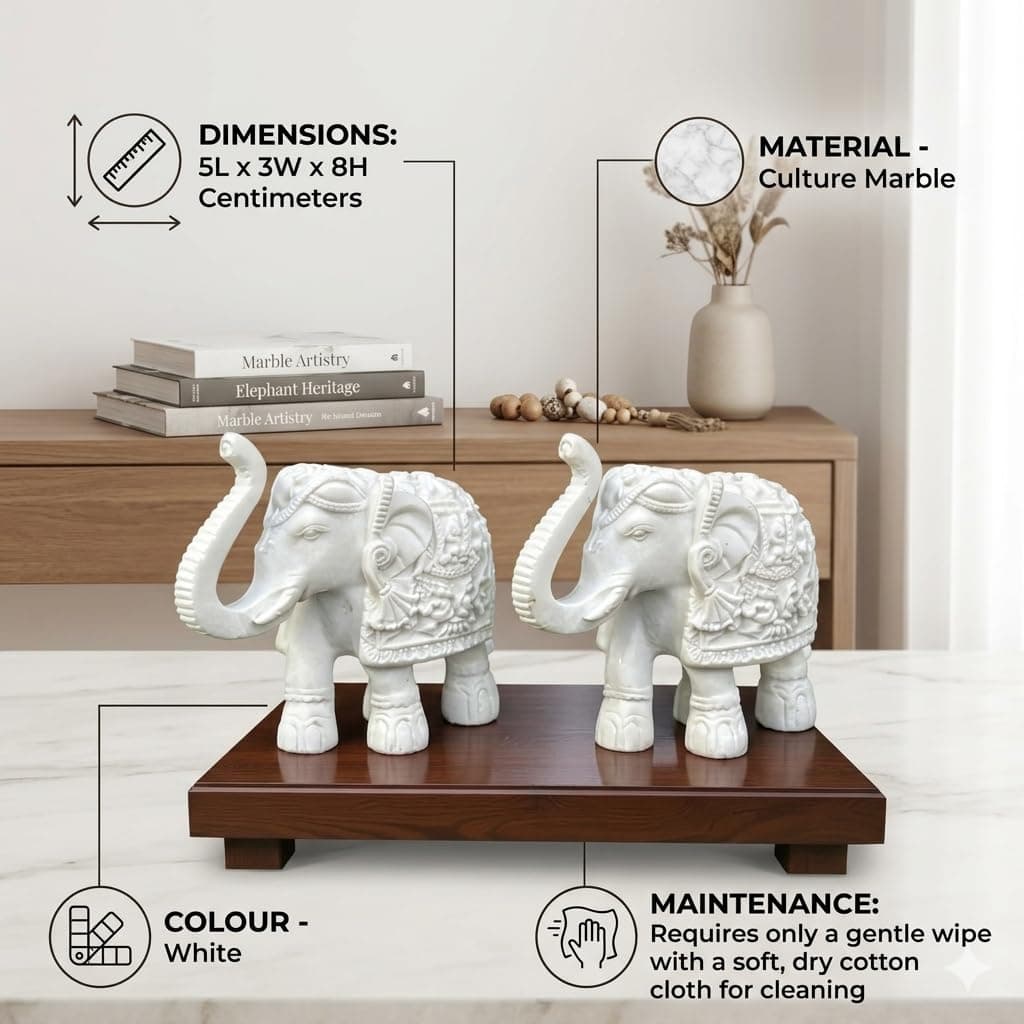 VAMIKA HANDICRAFTS Pack of 2 White Marble Look Elephant Showpieces Home Decor for Living Room, Table, Shelf