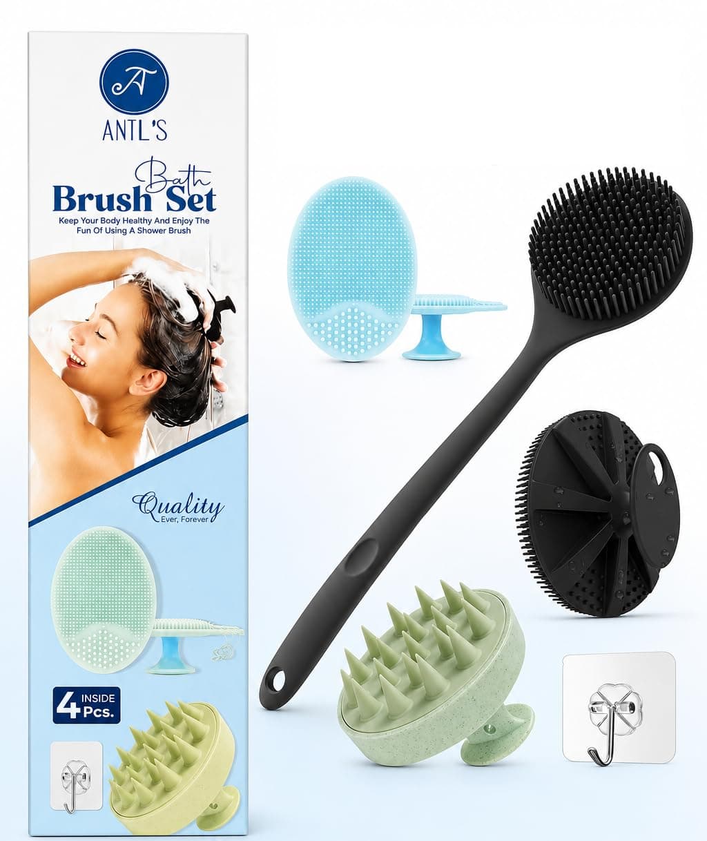 ANTIL'S 4-in-1 Soft Silicone Bath Brush Set | Long Handle Back Scrubber + Body Scrubber + Scalp Massager + Face Massager | Super Exfoliating & Lathering Shower Brush | BPA-Free | For Men & Women | With Free 3 Hook