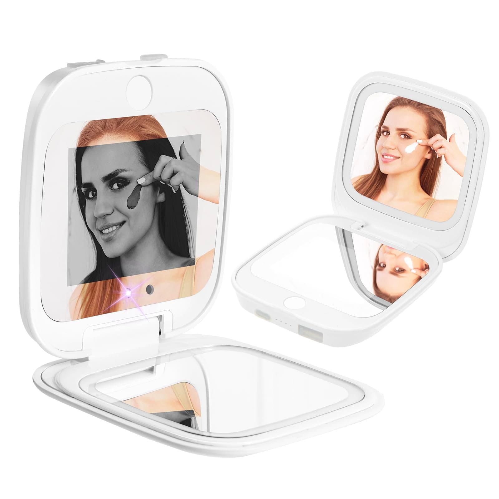 HiPai Travel Compact Mirror with UV Camera for Sunscreen Test,1x/2x Magnifying Mirror with LED Lights,Handheld 2-Sided Brightness Dimmable,Portable Makeup Mirror for Handbag Pocket,White