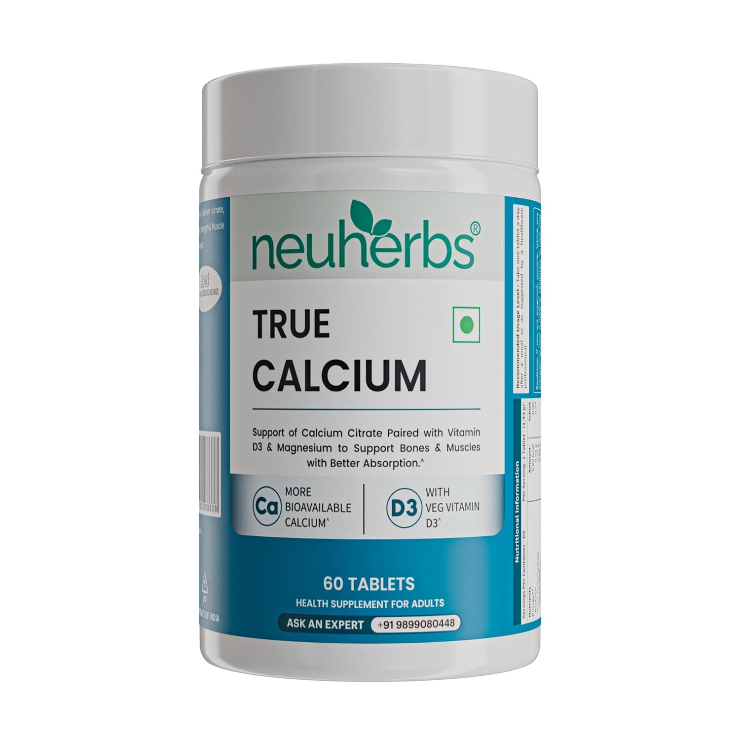 Neuherbs Calcium Tablets for Men & Women | True Calcium With Vitamin D3 & Magnesium | Supports Bone, Joint & Muscle Health | 60 Tablets