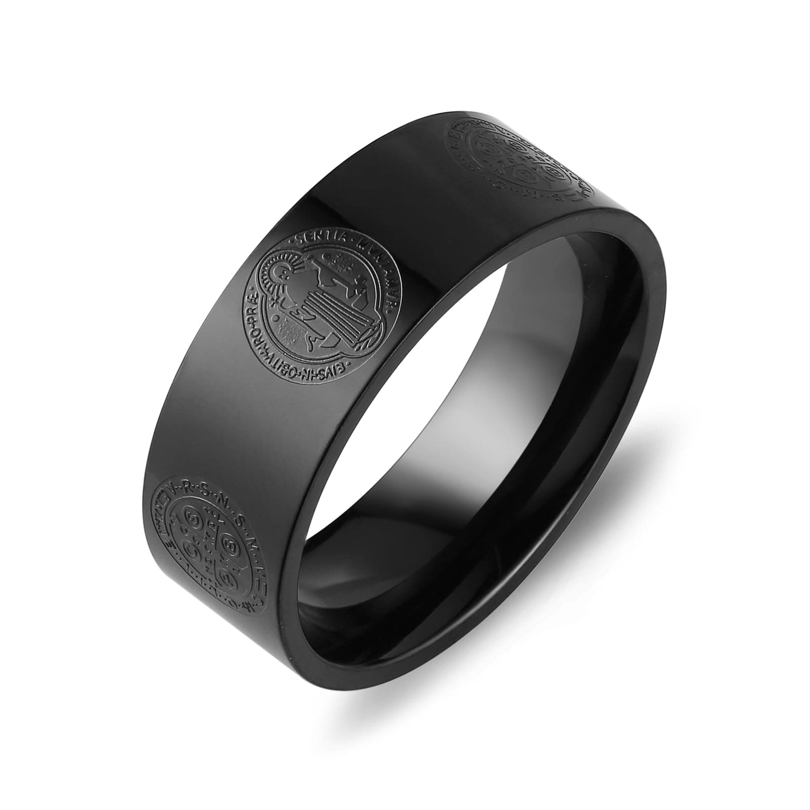 HZMAN 8mm St Benedict Exorcism Ring for Men Boy Stainless Steel Retro Catholic Roman Exorcism Cross Protection Ring Jewelry Gift