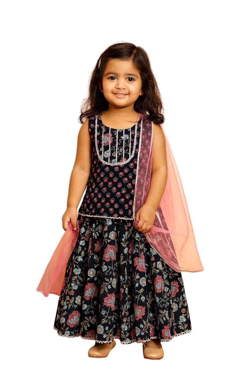 The Magic Wand Cotton Readymade Floral Printed Lehenga Choli/Kurti Set With Dupatta for Kids Girls, Sleevesless & Lace Embellished Ethnic Chaniya Choli, Navy Blue, 5-6 Year