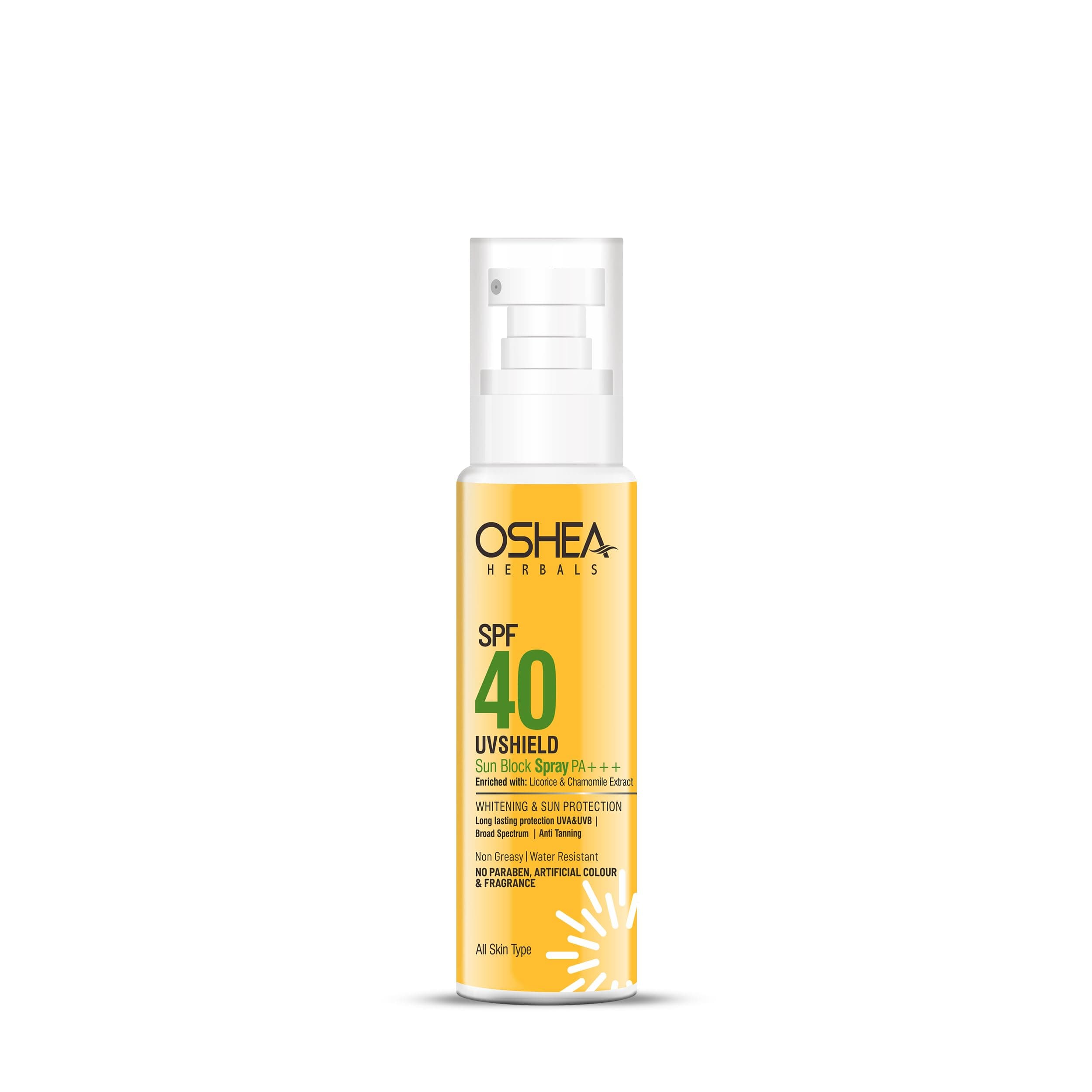 Oshea Herbals SPF 40 UVshield Non Greasy & Water Resistant Spray Sunscreen for All Skin Types | Protection from UVA & UVB, Removes Tanning | Enriched with Licorice & Chamomile Extract 120g