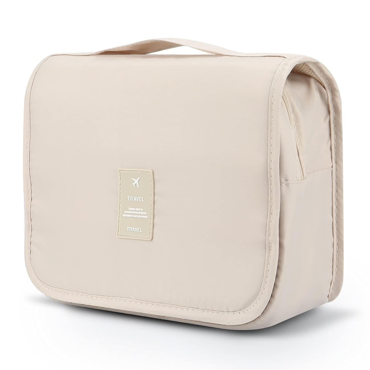 Travel Toiletry Bag Hanging Cosmetic Organizer – Waterproof Medium Makeup Bag for Women with Compartments & Hook | Portable Folding Kit for Travel, Bathroom, Gym – Beige, 10cm