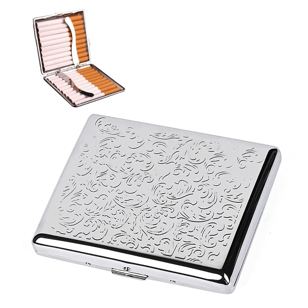 GUSTAVE® Metal Cigarette Case - Double Sided Spring Clip Open Cigarette Box for 20 Cigarettes (Silver)