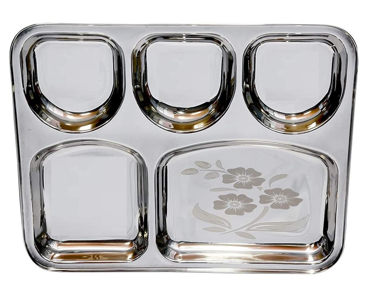 SAGER Stainless Steel Lunch/Dinner Plate/Bhojan Thali 5 in 1 Compartments with Mirror Finish, Floral Laser Design
