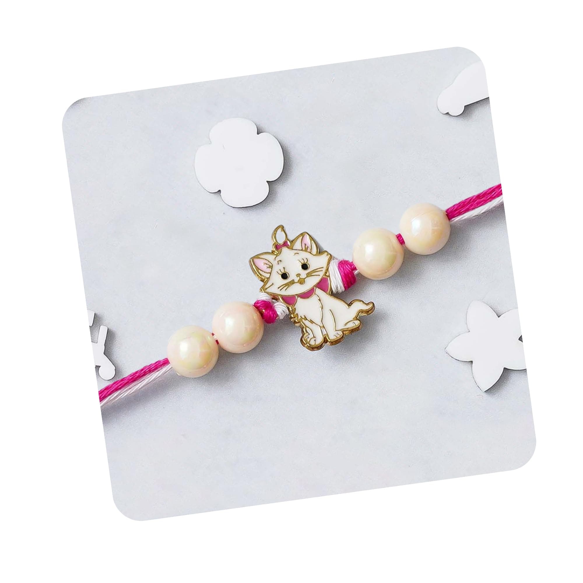 eCraftIndia Pink and White Marie Cute Cat with Beads Designer Pet Rakhi For Brothers, Kids, Bhai | Raksha Bandhan Rakhi with Roli Chawal