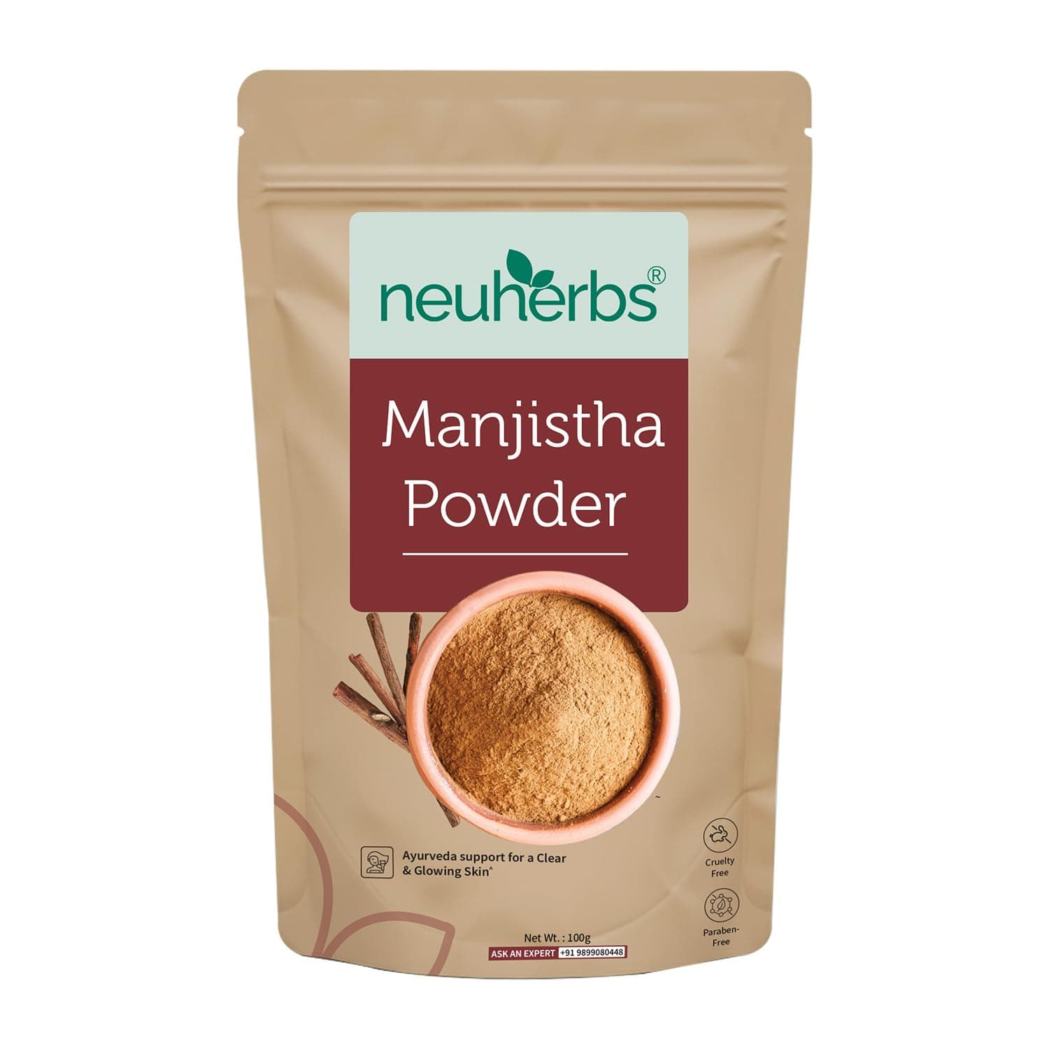 Neuherbs Manjistha Powder 100g | Ayurvedic Herbal Powder for Clear, Glowing Skin & Skin Nourishment | Cruelty & Paraben Free | No Artificial Colors or Additives