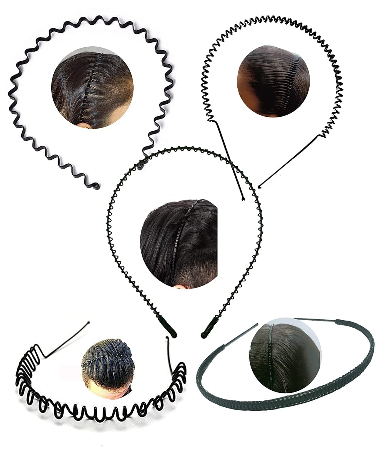 KSVILLA Flexible Metal Wavy,Spring Zig Zag and Chain Hair Band Hair Hoop Hairband Daily Use for Unisex Men Women Pack 5