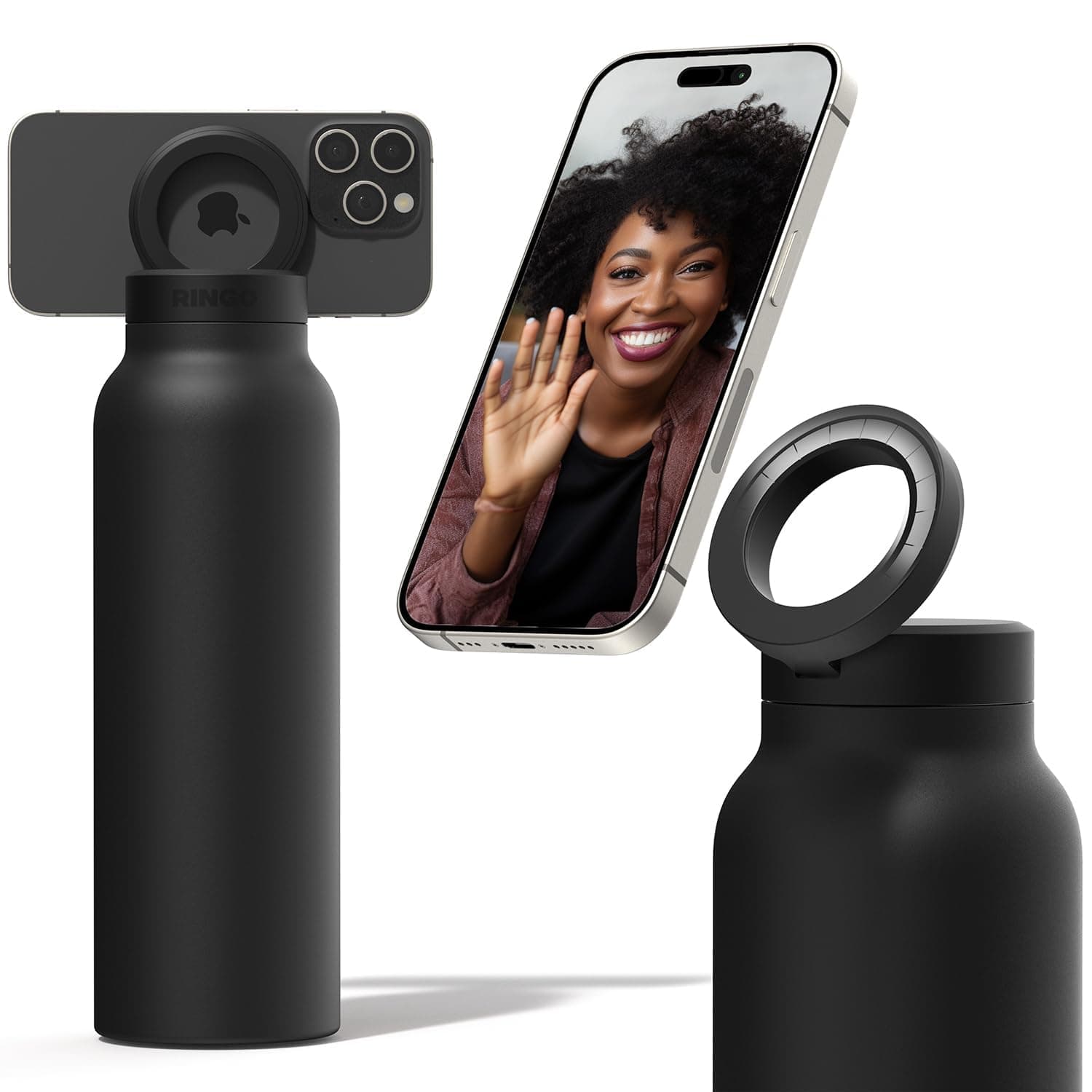 Ringo Insulated Water Bottle | Compatible MagSafe With Phone Holder | Stainless Steel Water Bottle With Magnetic Phone Tripod Mount | Hot for 12H, Cold for 24H, 360° Rotate - Black 32oz