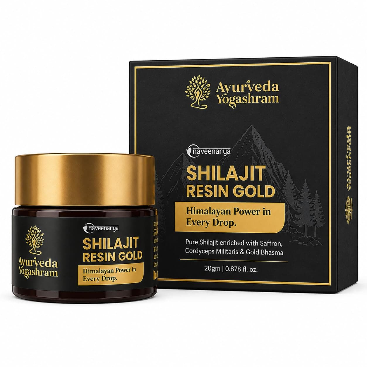 Ayurveda Yogashram Pure Himalayan Shilajit Resin Gold 20g | Himalayan Shilajit for Energy, Performance, Strength & Recovery Support | 80% Fulvic Acid | 80+ Trace Minerals | 80 Servings