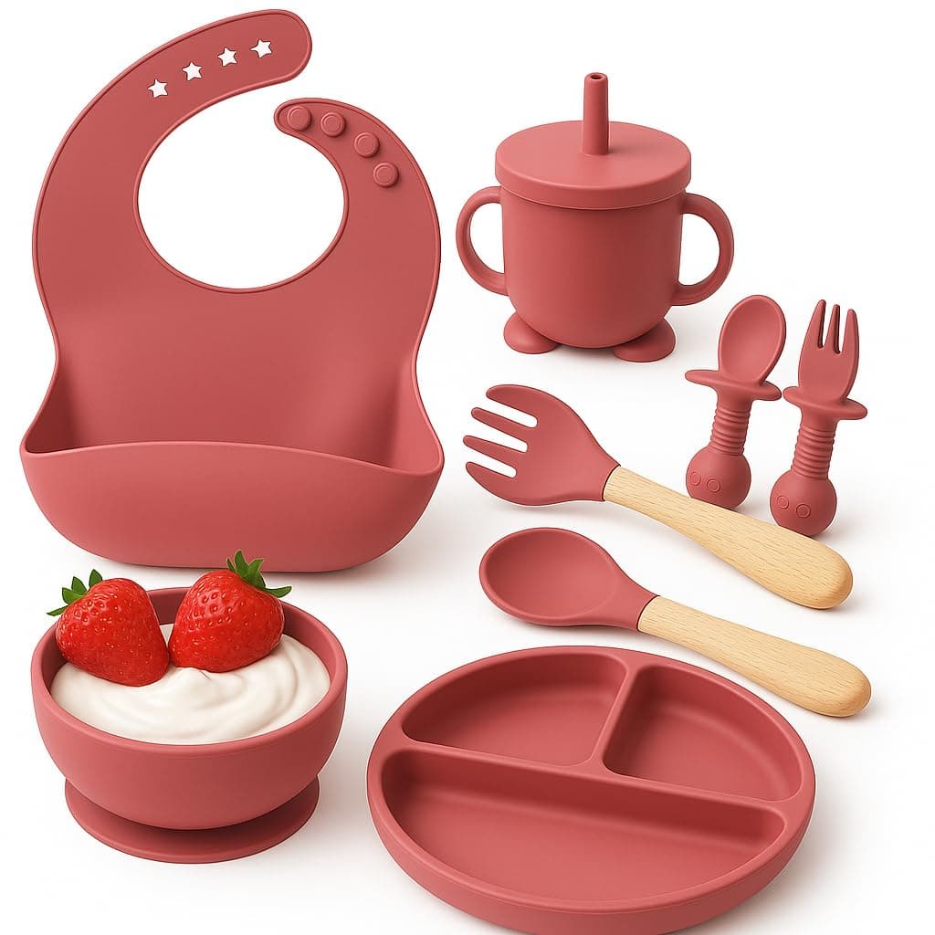 TOVIXY Silicone Suction Plates Solid for Baby&Toddler|Large Crumb Pouch|Suction Bowl,Cup,Fork,and Spoon Cutlery Set|Easy Wipe Clean|Baby Feeding Sets for Babies and Toddlers (8 Pcs),Pink