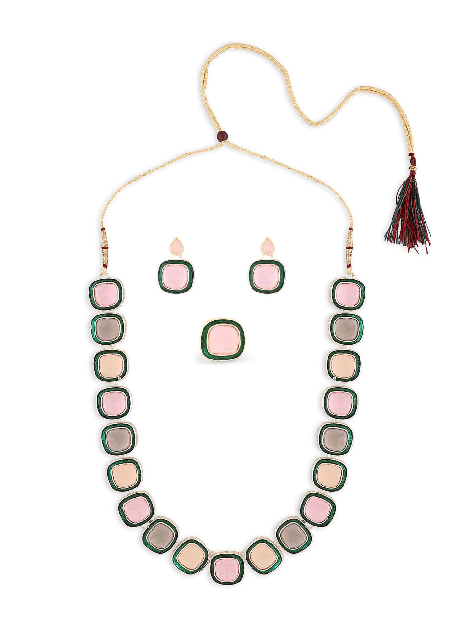 ZAVERI PEARLS Multicolor Artificial Stones Long Necklace Earring & Ring Set For Women-ZPFK18681