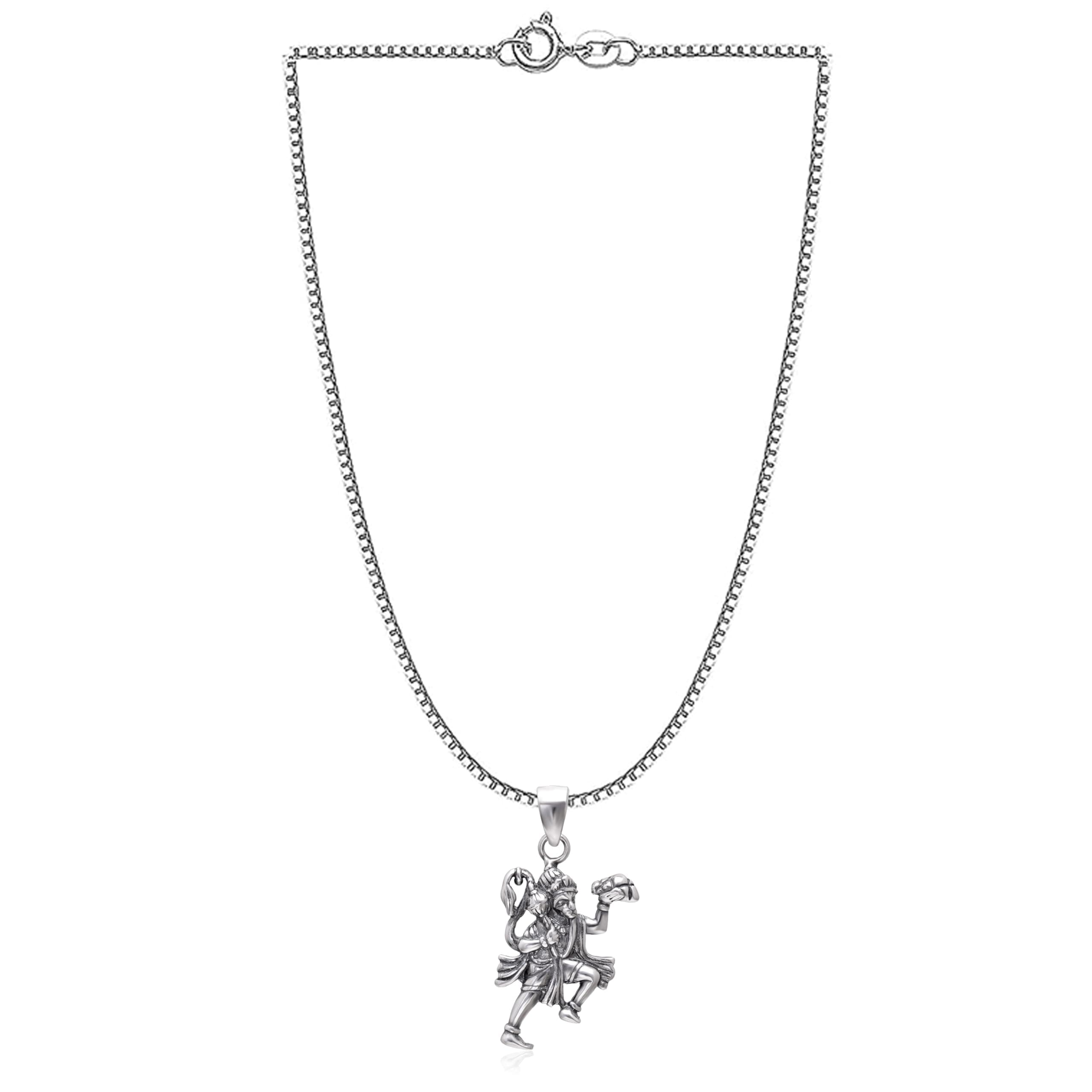 Abhooshan Pure 92.5 Sterling Silver Unisex Traditional Religious Sitting Hanuman ji Pendant Locket with Chain 18 inch for Boys ,Girls and Kids. Gift for Men Father Mother Brother Friend Sister and Women on Birthday Anniversary | Ideal Gift | With Certificate of Authenticity