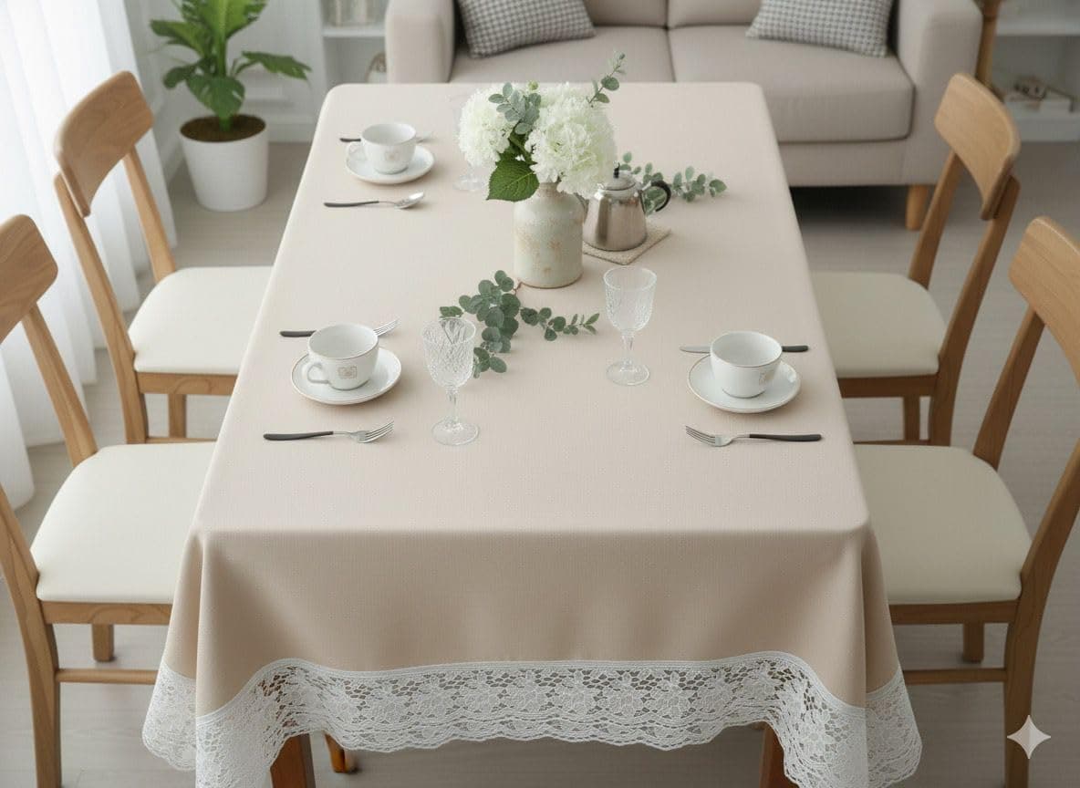 CASA-NEST Rectangular Anti-Slip PVC Solid Plain White Lace (54x78 inch) 6 Seater centre Table Cover with exclusive backing material-Cream-printed0002