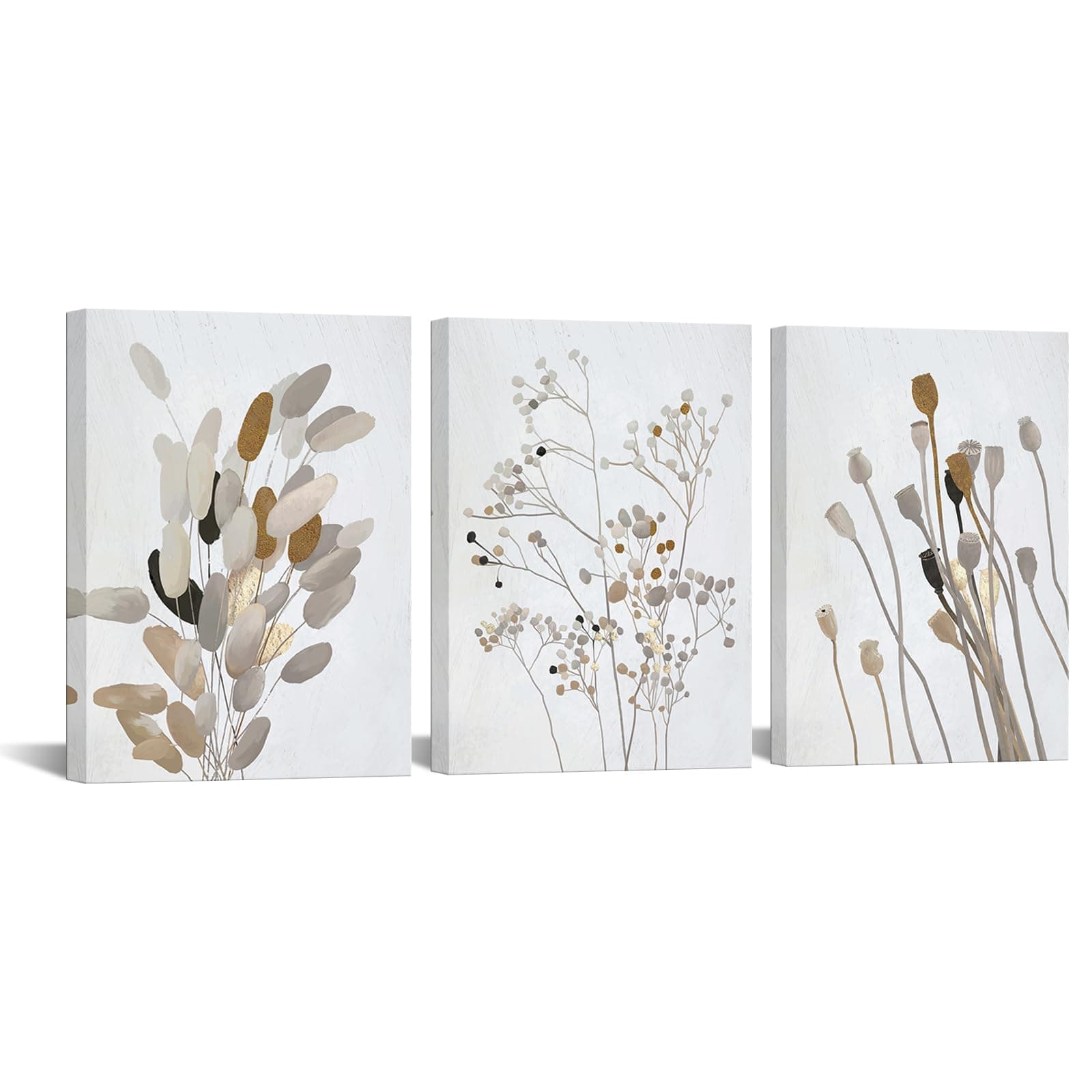 sechars Neutral Canvas Wall Art Boho Botanical Flower Painting Prints Beige Dried Floral Poster Framed for Bathroom Bedroom Decor