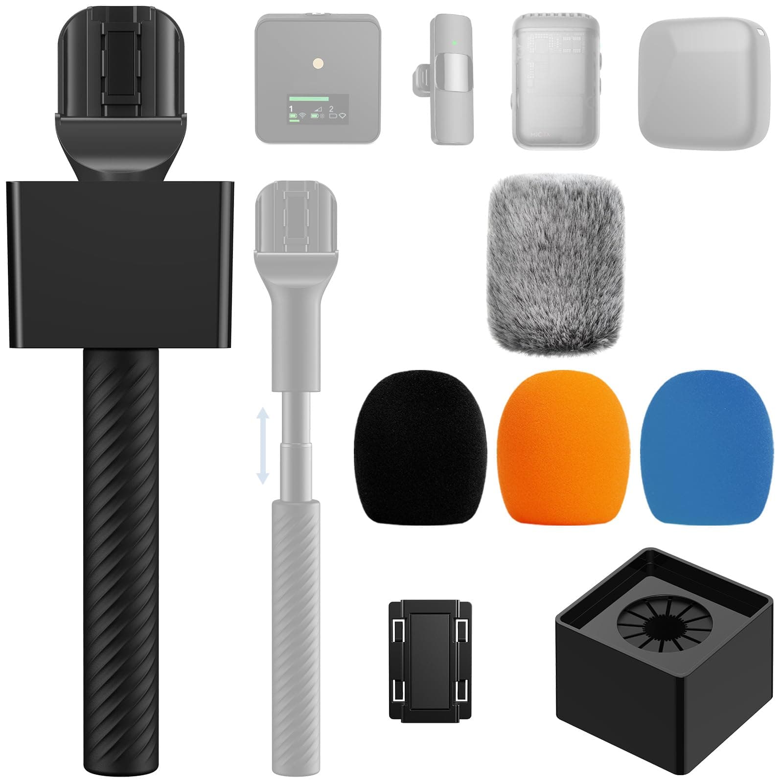 TONOR Wireless Mic Handle Compatible with DJI RODE, Adjustable length Mic Stand Adapter for ALL Lavalier Microphone, Rig with Channel Flag, Rubber Grip, Wind Muff for Vlog, Reports, Interview, TP40