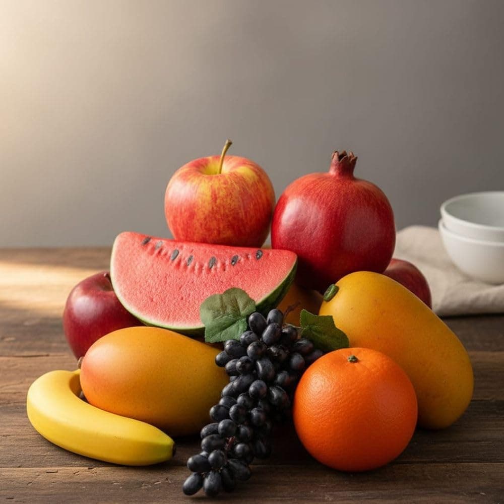 Artificial Fruits Set for Home Decor | Apple, Mango, Banana, Orange, Grapes, Watermelon, Pomegranate | Realistic Fruits for Kitchen, Hotels, Resorts, Photography and Events Decoration (Pack of 8)
