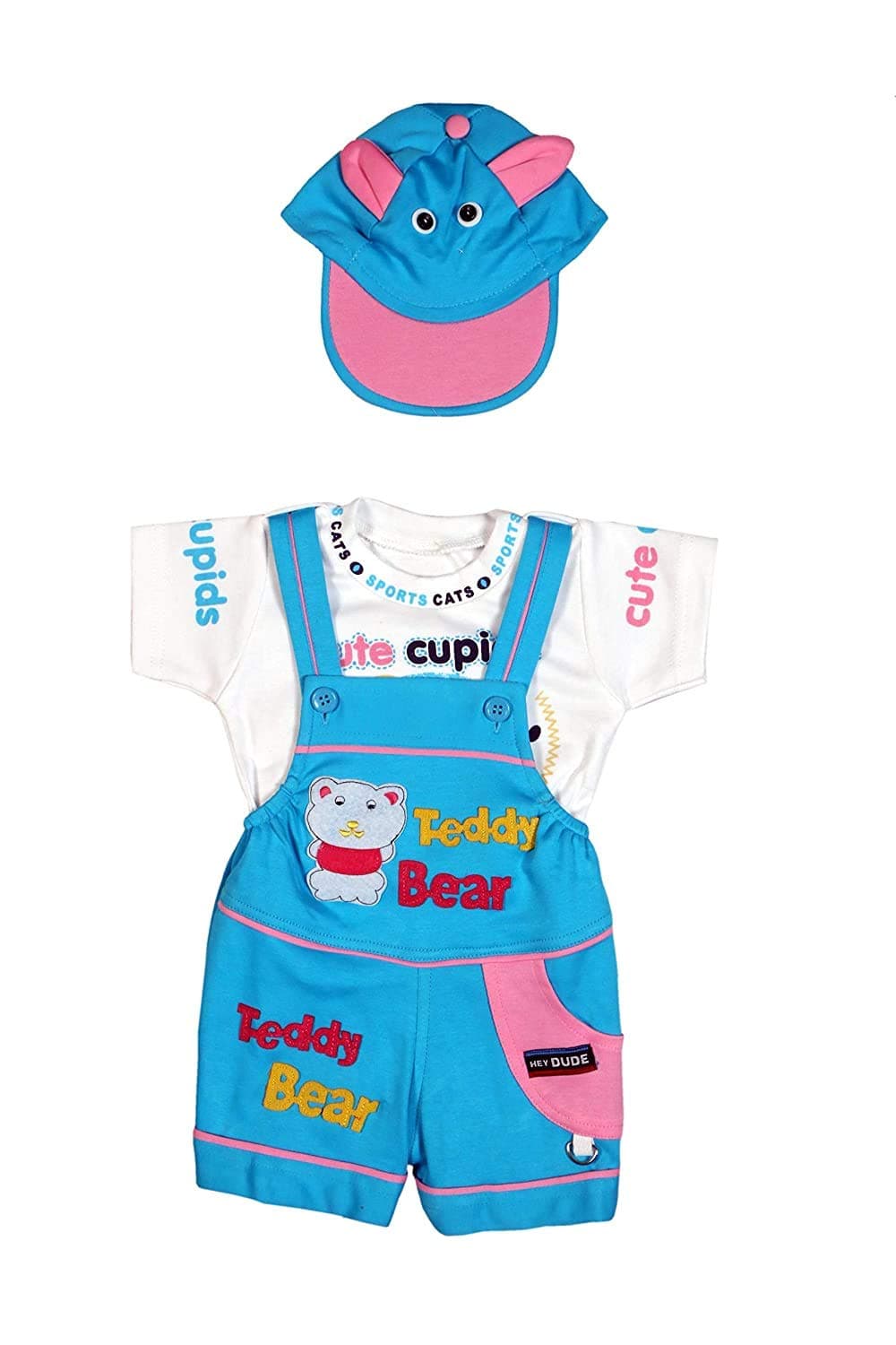 Trendy Dukaan Baby Boy's And Baby Girl's Dungaree Set/Romper Set with T-Shirt And Cap