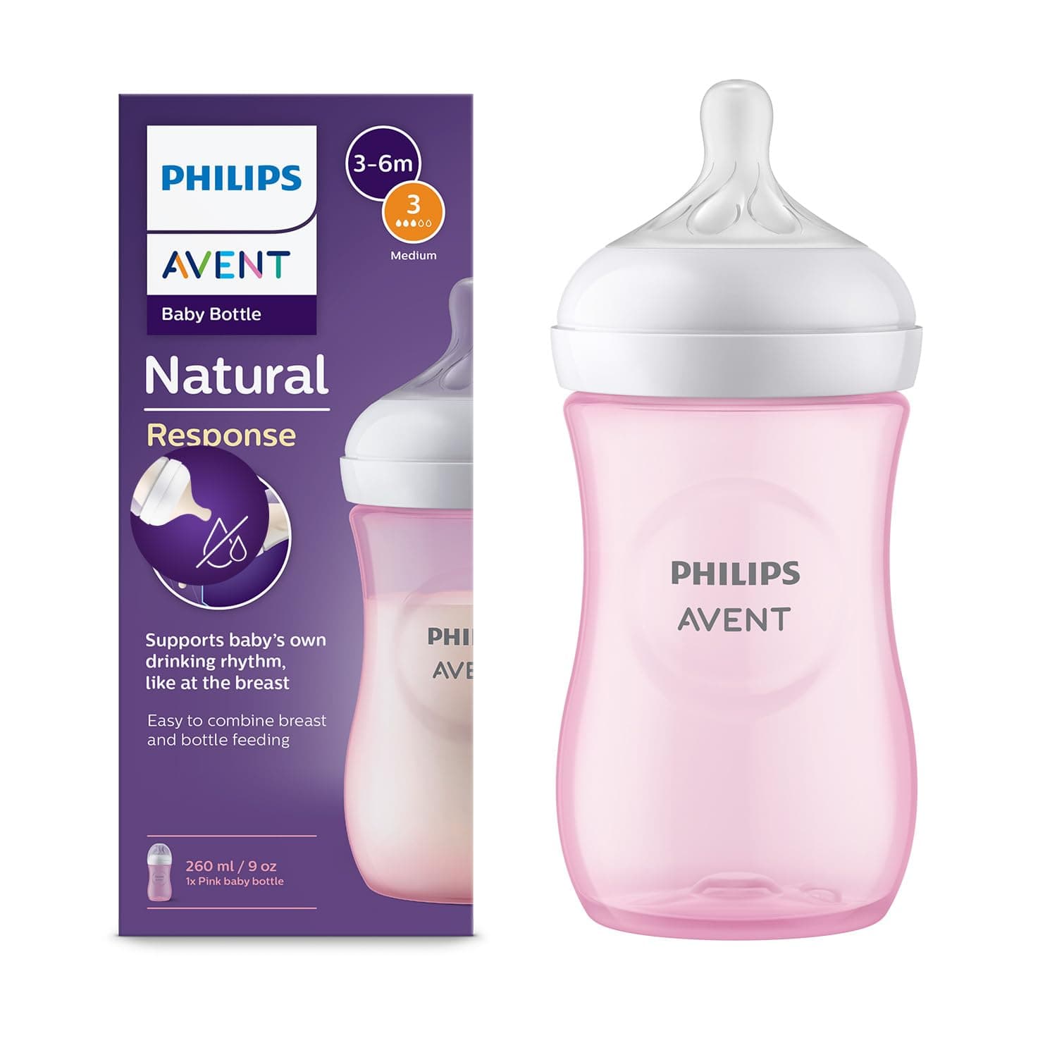 Philips Avent Natural Response 3.0 Baby Bottle - 260ml Baby Milk Bottle, BPA Free for Babies│Pink │9 oz/260 ml│1 m+│SCY903/11 MAXZIQF-CHARGER-M-1025