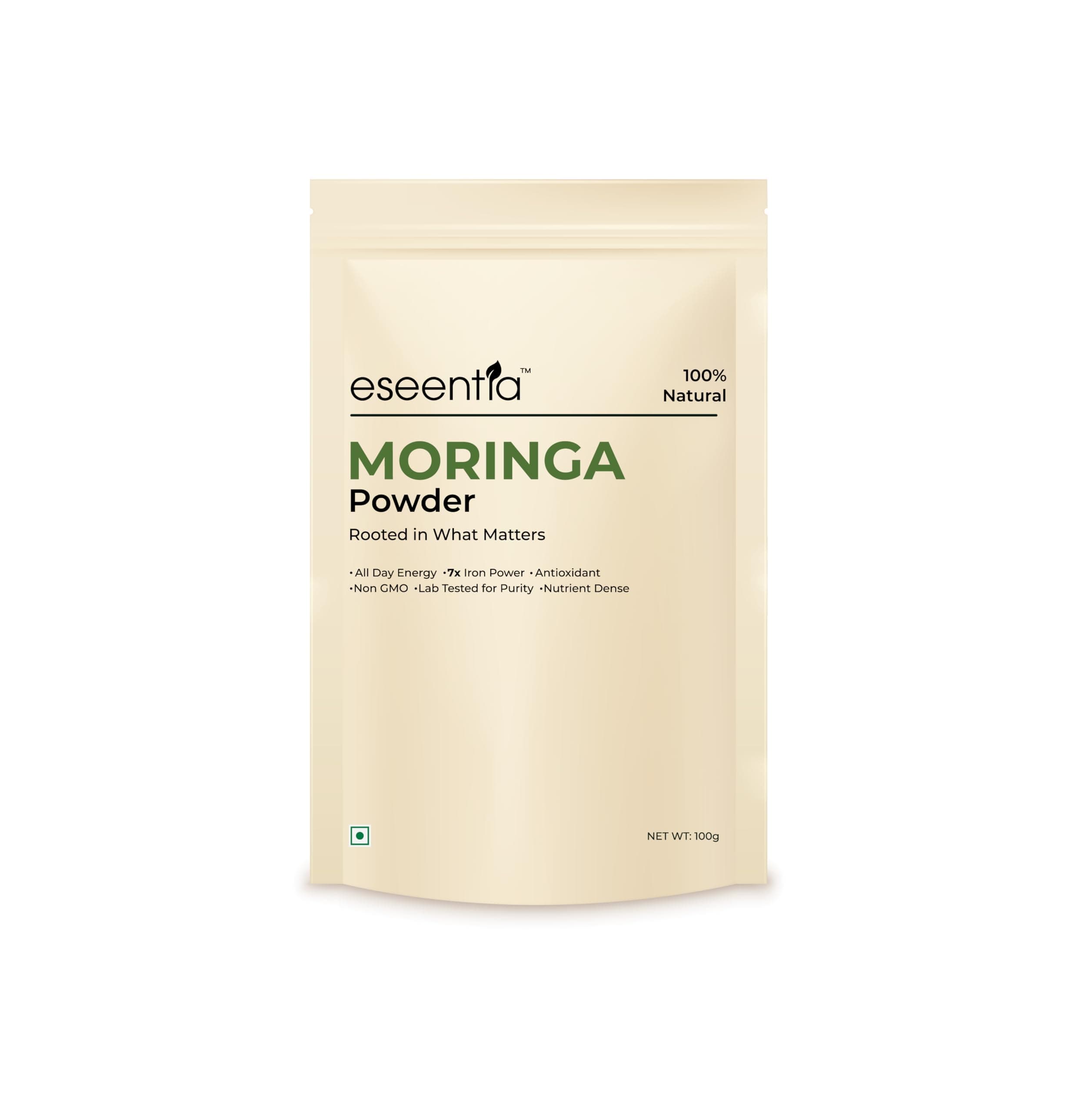 Eseentia Moringa Powder | Drumstick Leaf Powder (Moringa Oleifera)|Natural Multivitamin Superfood | Supports Immunity, Digestion & Energy| Contains essential vitamins and minerals | Good for Hair, Skin & Bones | Non-GMO| Preservative Free | Lab - Tested |100 gms