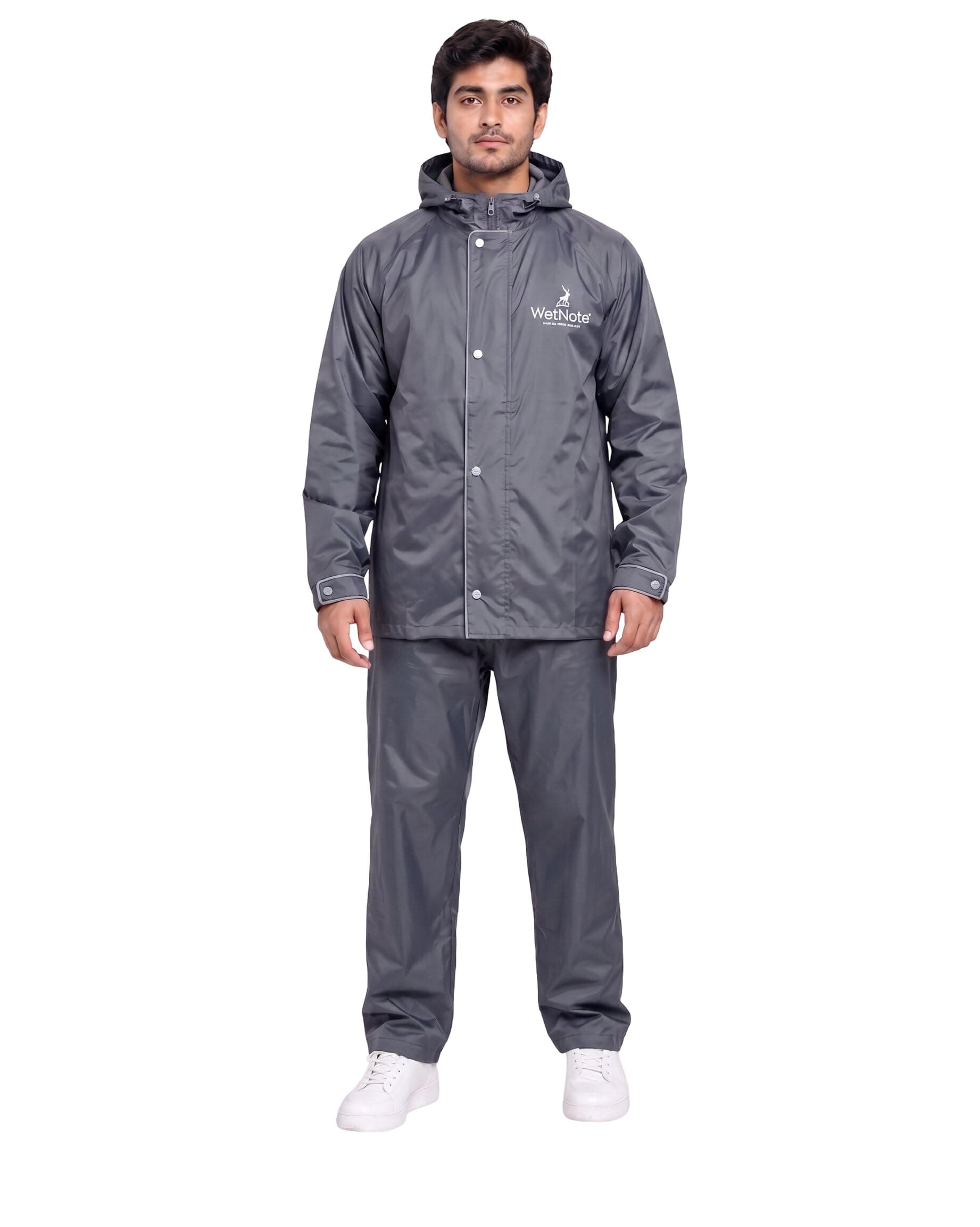 TAGDO Rain Coat for Men Waterproof for Bike Rider with Zipper and Button and Adjustable Hood along with inner pockets | Rain Suit for Men & Women | Jacket & Pants with Carry Bag (2073-Grey-XL)