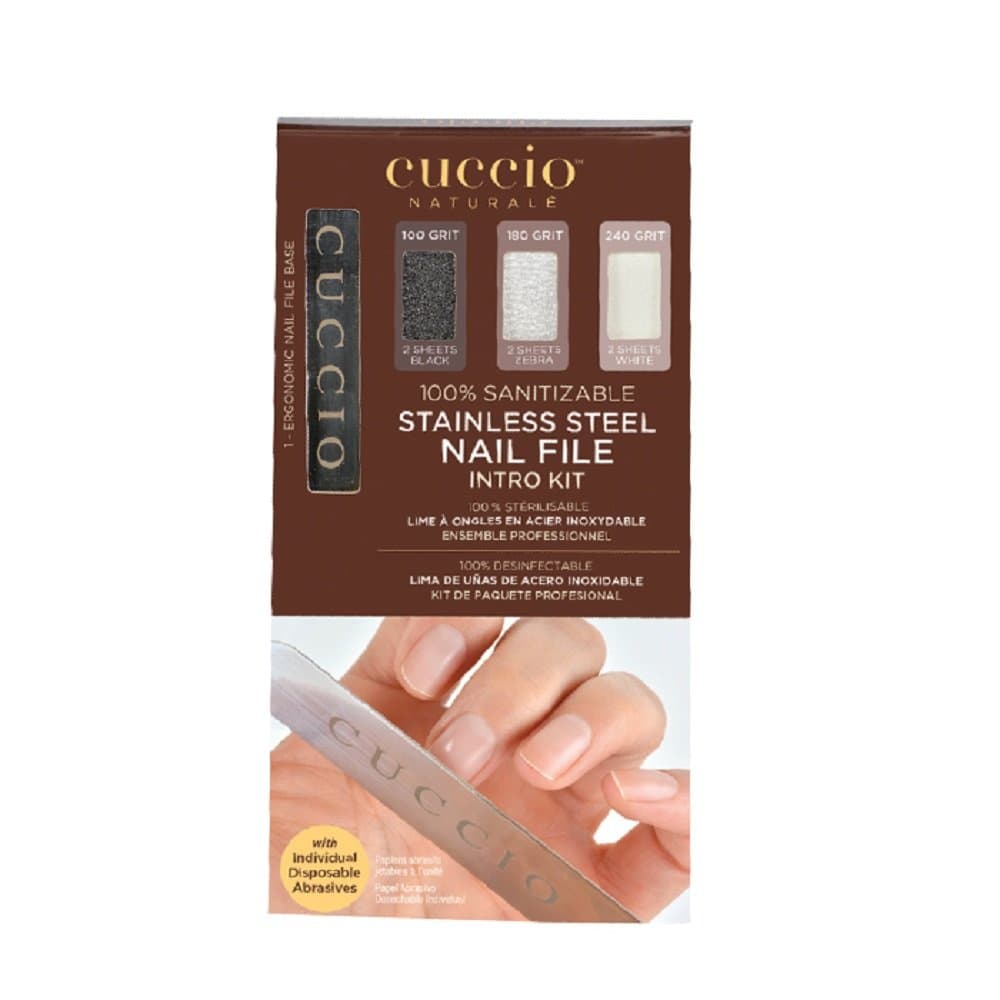Cuccio 100% Sanitizable Stainless Steel Nail File Intro Kit | 2 Black Sheet (100 Grit) | 2 Zebra Sheet (180 Grit) | 2 White Sheet (240 Grit) | With Individual Disposable Abrasives