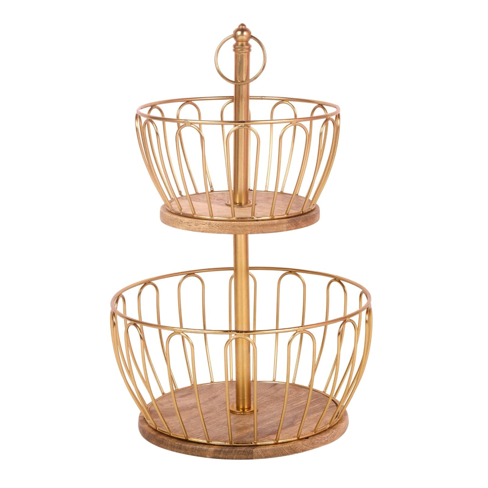 Craft Brio -A TRENDY HANDICRAFTS Round 2 Metal And Wooden Tier Home And Kitchen Fruit Vegetable Baskets (Gold, 16.5 Inches Height)