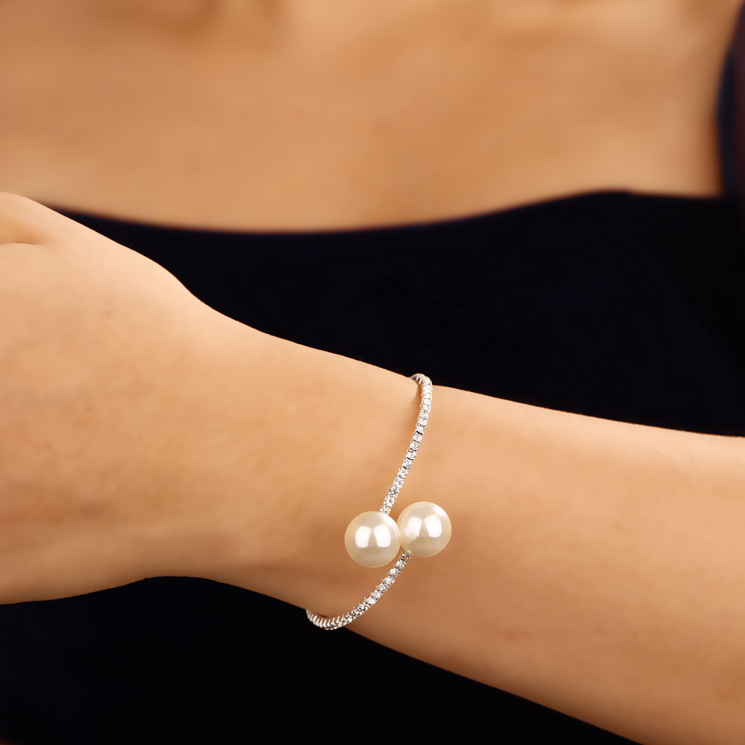 YERTTER Dainty Rhinestone 1920s Silver Fake Pearl Open Bangle Bracelet Wedding Sparkly Layered Wrap Cuff Bangle Bracelet Adjustable Pearl Bracelets for Women Brides