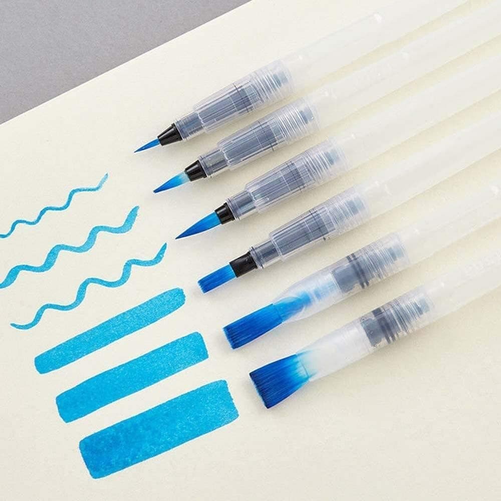 ART RANGER Water Brush Pens Set of 6 Different Sizes (3 Round Tips and 3 Flat) Both in Fine, Medium & Large - Great for Watercolor Paints, Illustrations, Calligraphy, Markers - Multicolor