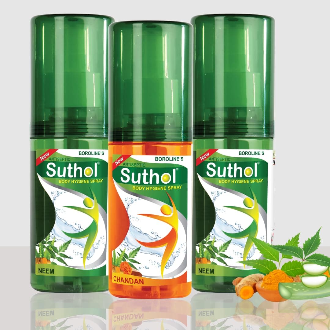 BOROLINE's Suthol Chandan Spray 100 ml + Neem Spray 100 ml X 2 | Stops Skin Irritations, Prickly Heat, Itching, Rashes | With Neem, Turmeric, Merigold & Aloe vera (Pack of 3)