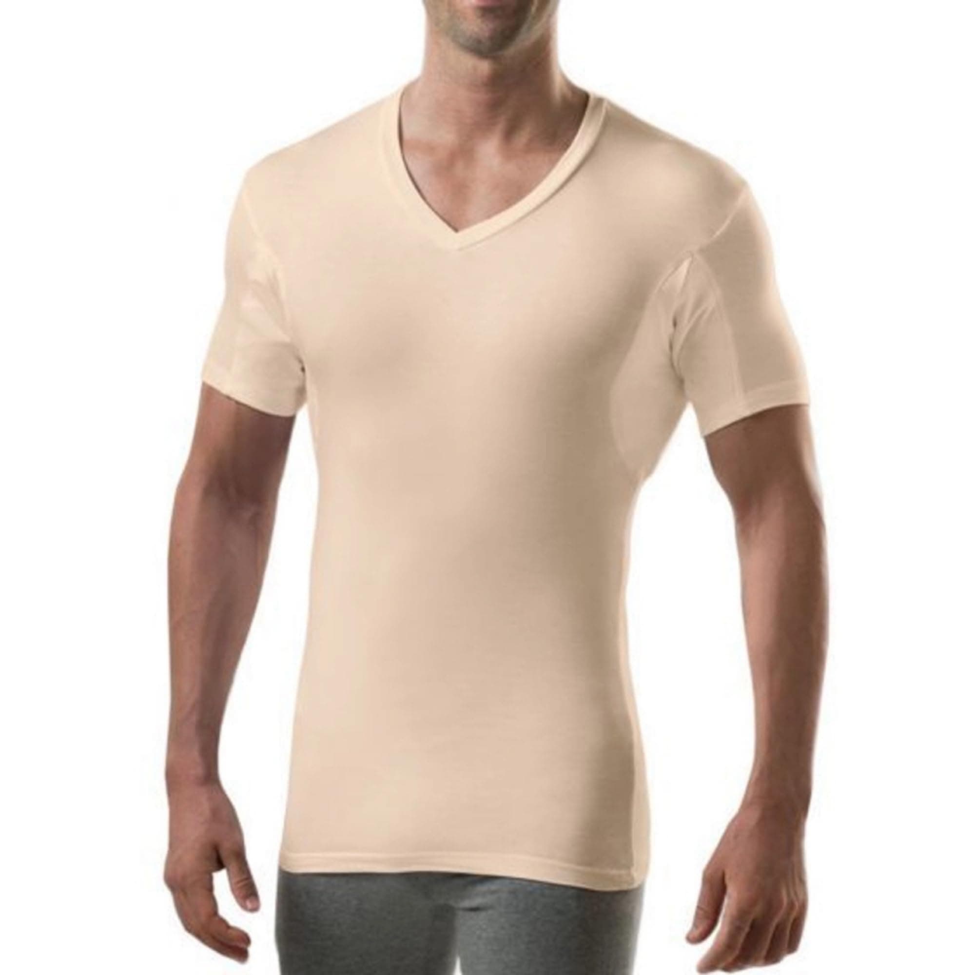 Men's Sweatproof Undershirt - Rayon Blend V Neck - Slim Fit - with Sweat Pads, Beige, X-Small